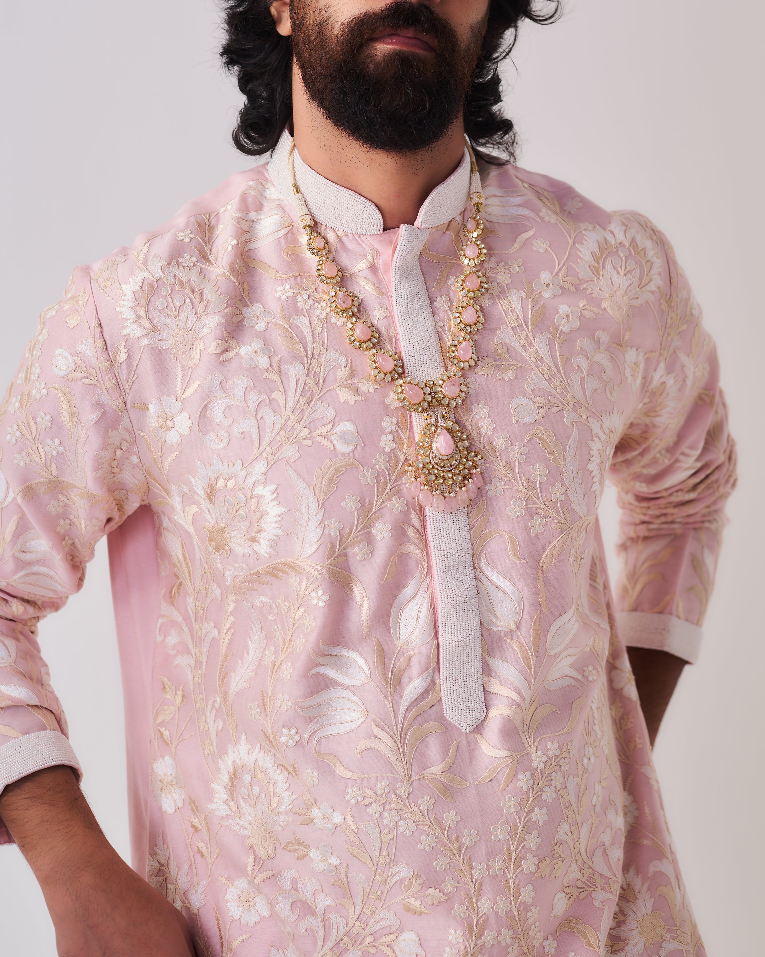 Kurta With Pants / Chanderi / Pale Pink / Tulip Meadow / Dori/Resham/Hand Embroidery