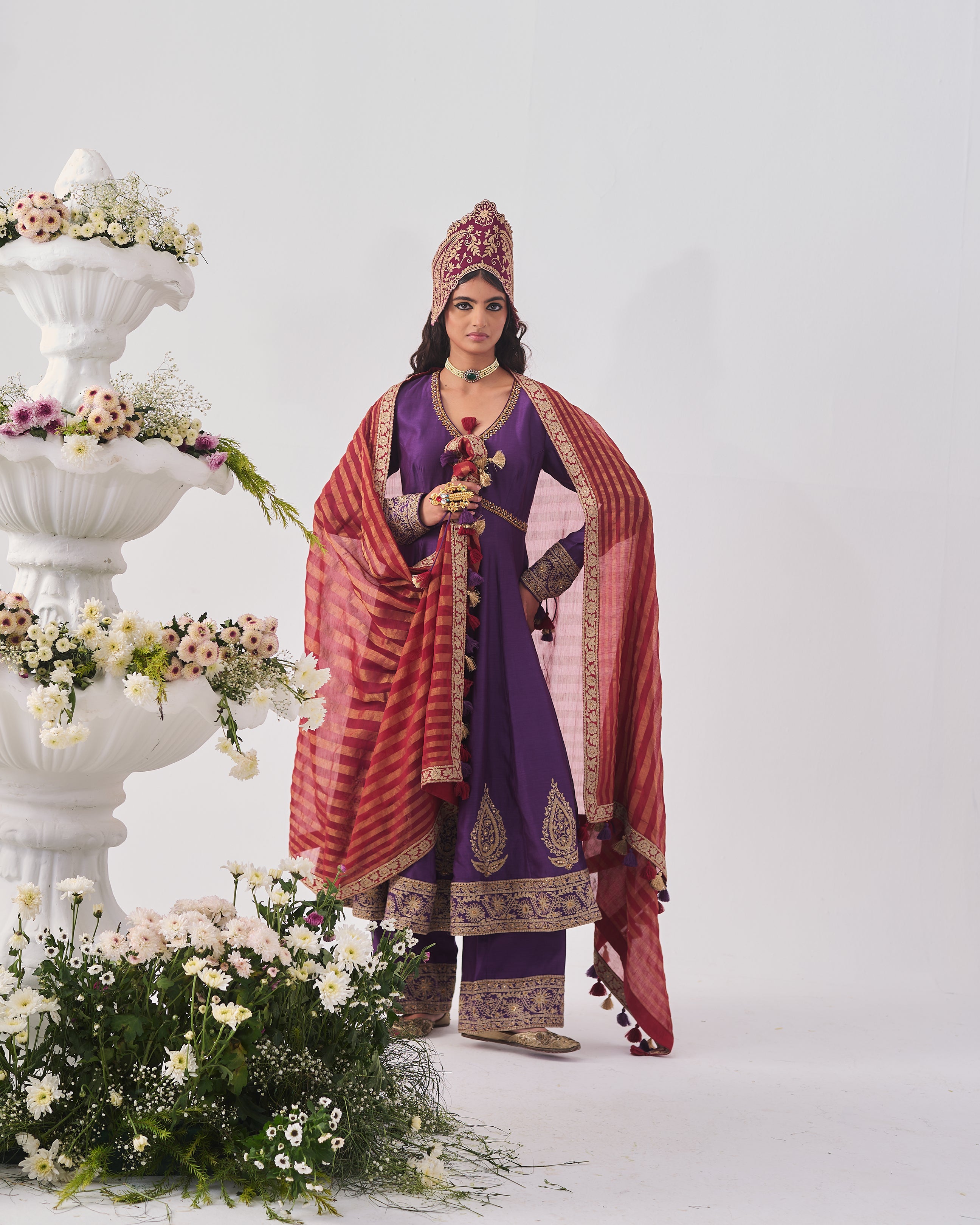 Anarkali with Flare Pants and Dupatta / Chanderi / Purple / Regal Bloom / Aari/Hand Embroidery