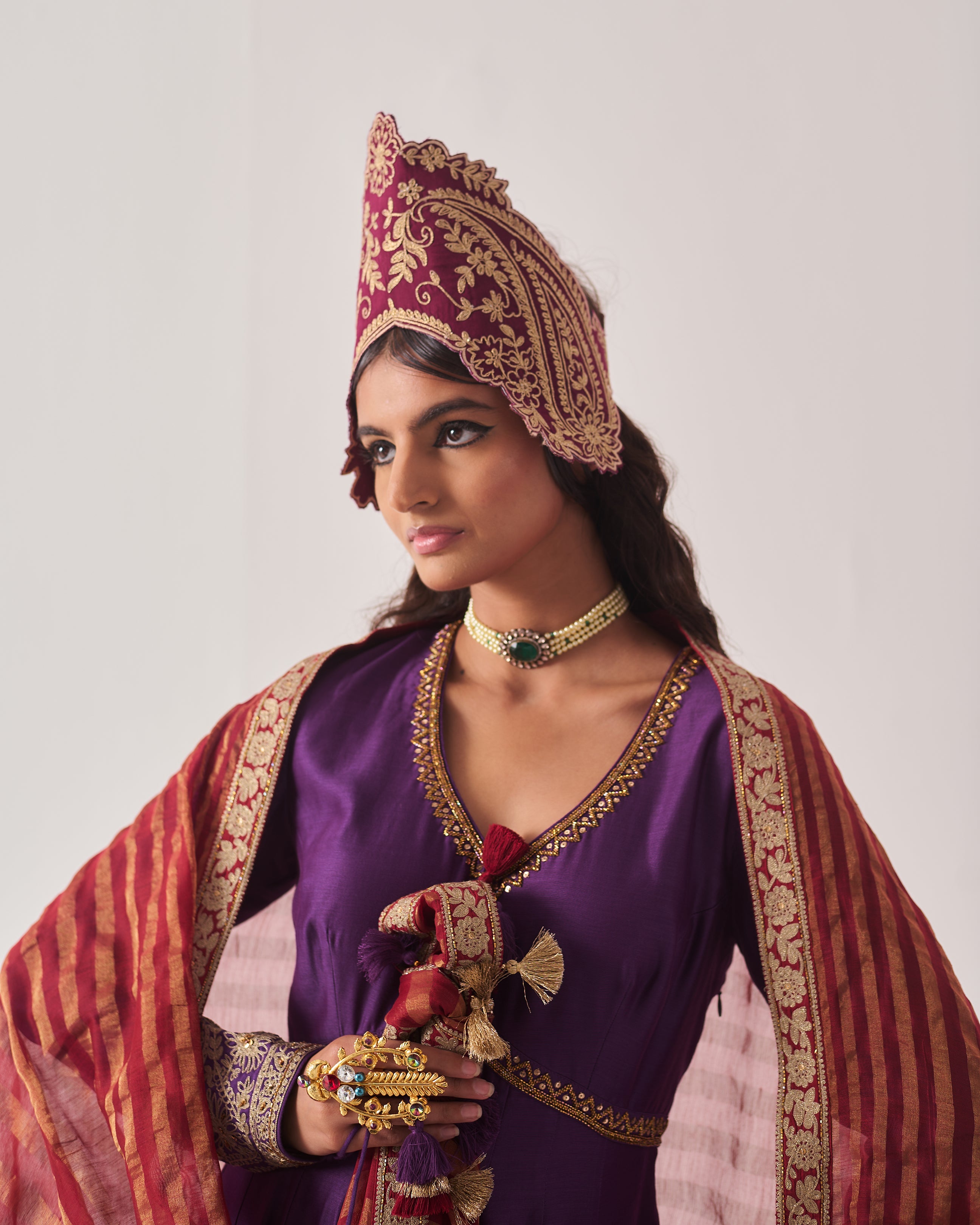 Anarkali with Flare Pants and Dupatta / Chanderi / Purple / Regal Bloom / Aari/Hand Embroidery