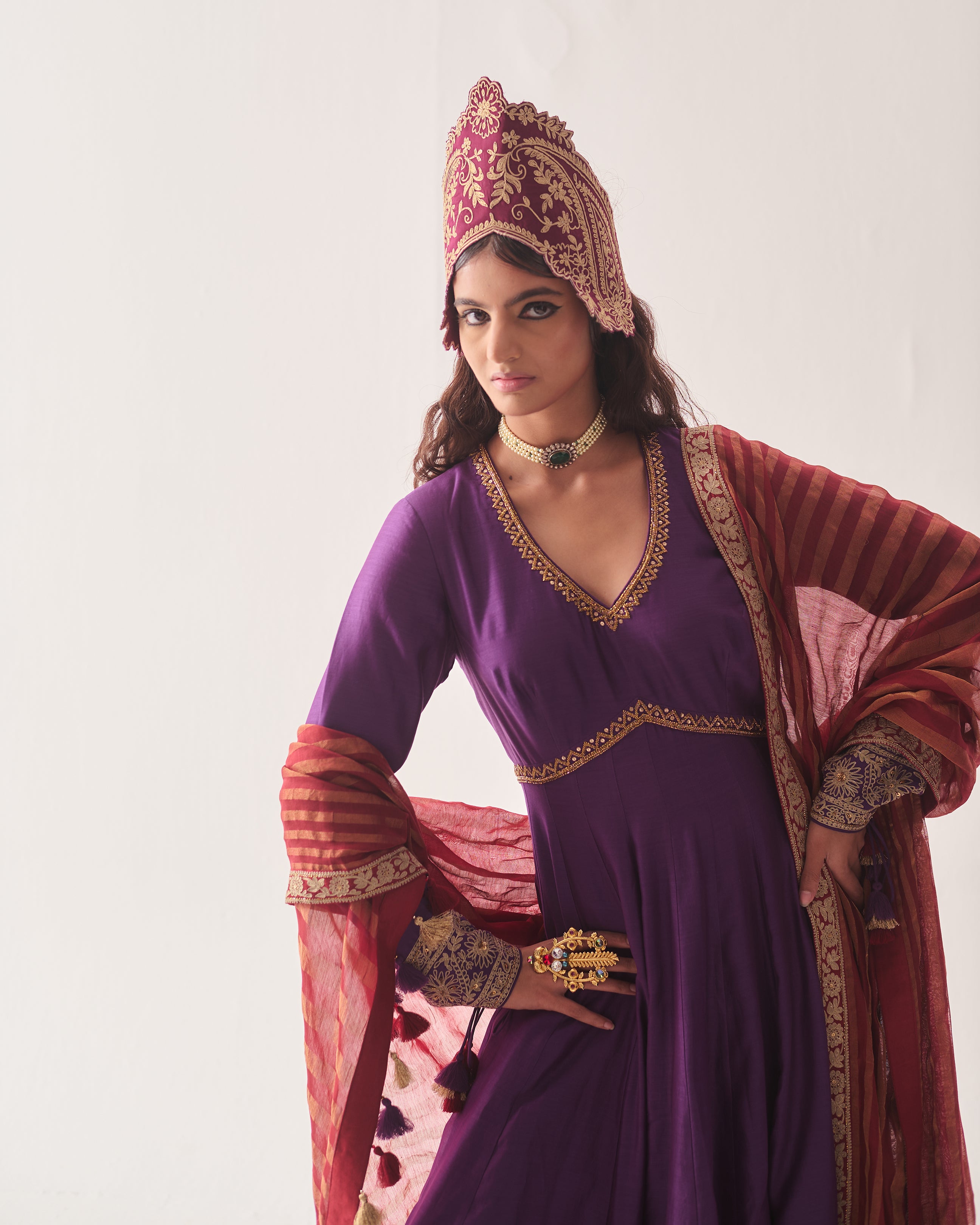 Anarkali with Flare Pants and Dupatta / Chanderi / Purple / Regal Bloom / Aari/Hand Embroidery
