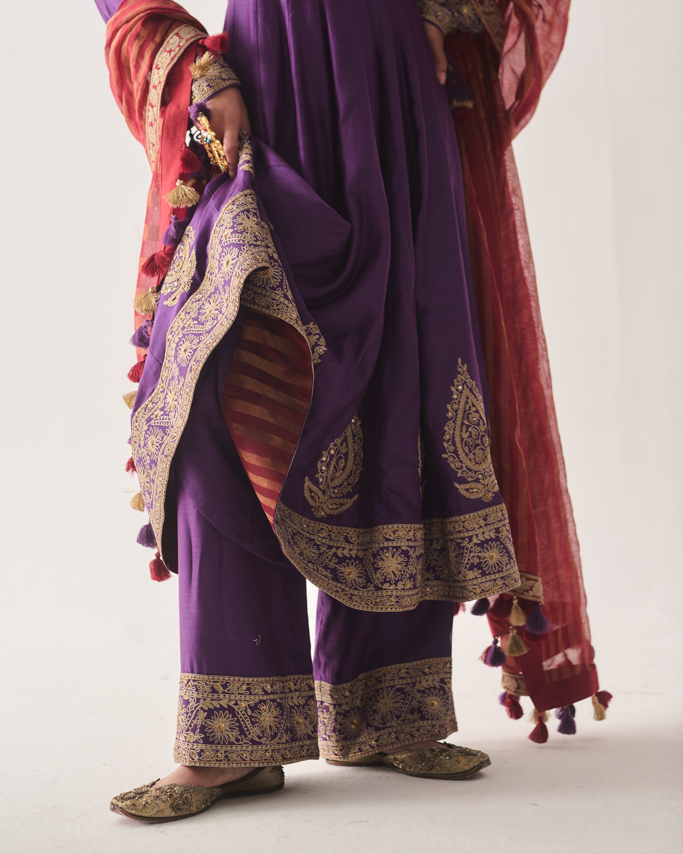 Anarkali with Flare Pants and Dupatta / Chanderi / Purple / Regal Bloom / Aari/Hand Embroidery
