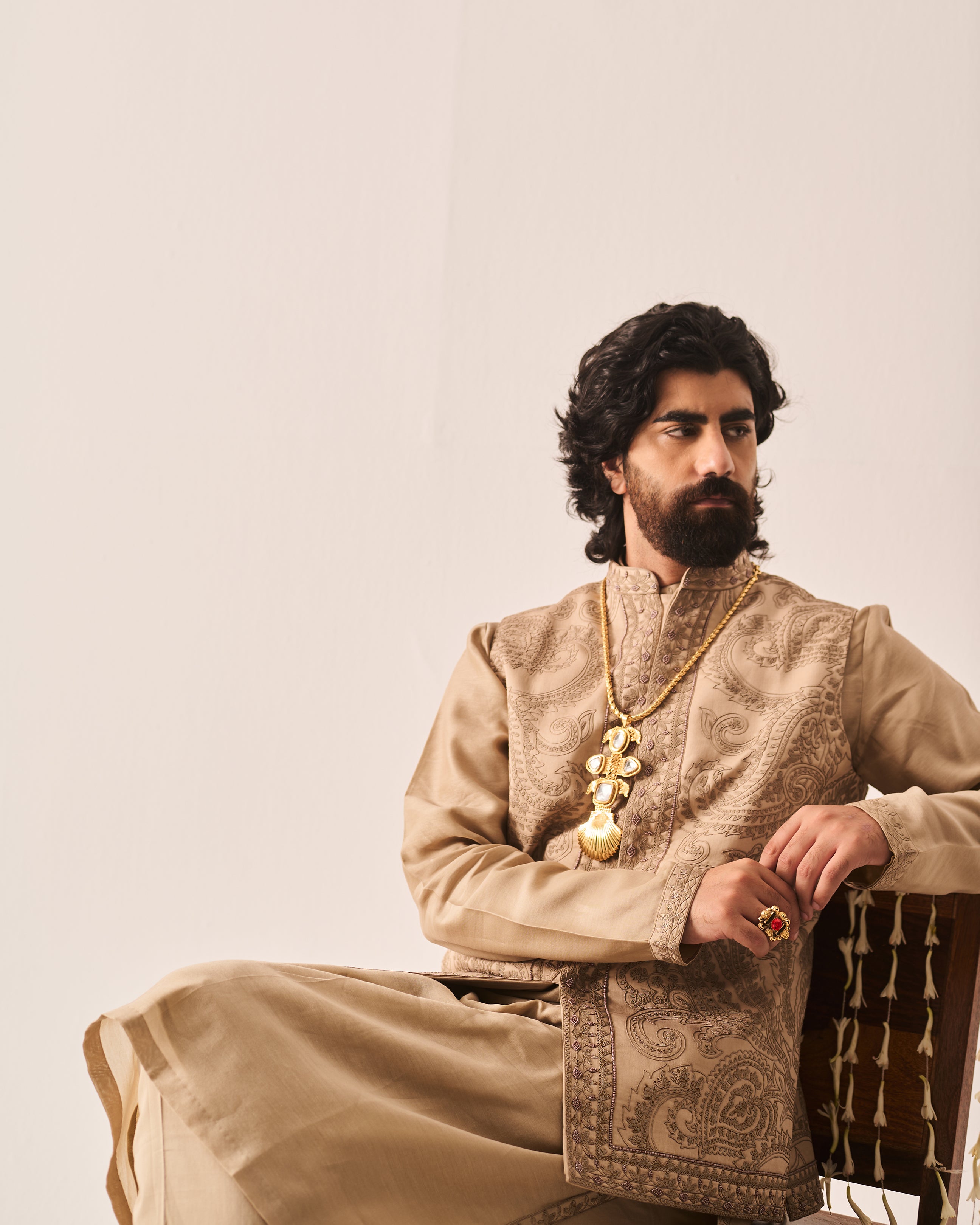 Kurta With Pants and Bundi / Chanderi / Dark Beige / Paisley Bageecha / Dori/Hand Embroidery