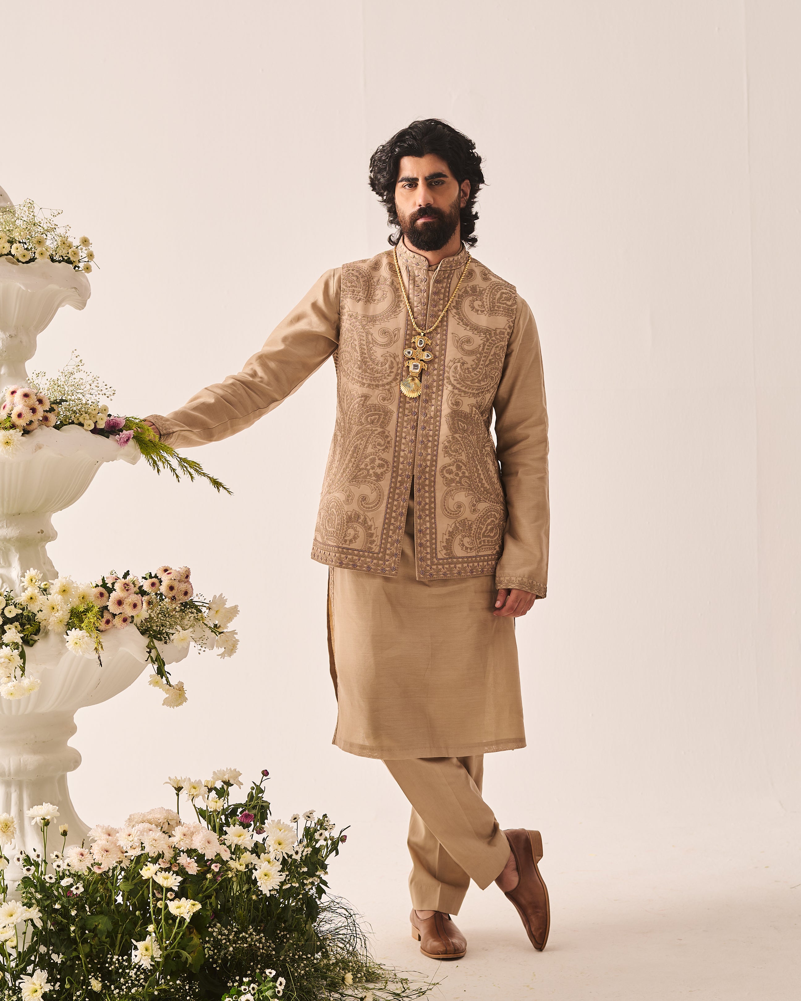 Kurta With Pants and Bundi / Chanderi / Dark Beige / Paisley Bageecha / Dori/Hand Embroidery