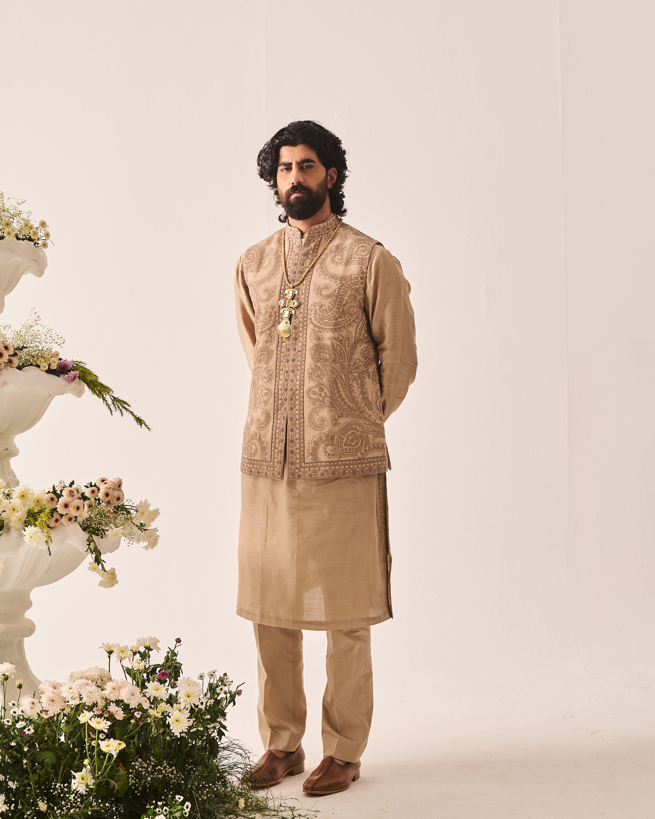 Kurta With Pants and Bundi / Chanderi / Dark Beige / Paisley Bageecha / Dori/Hand Embroidery