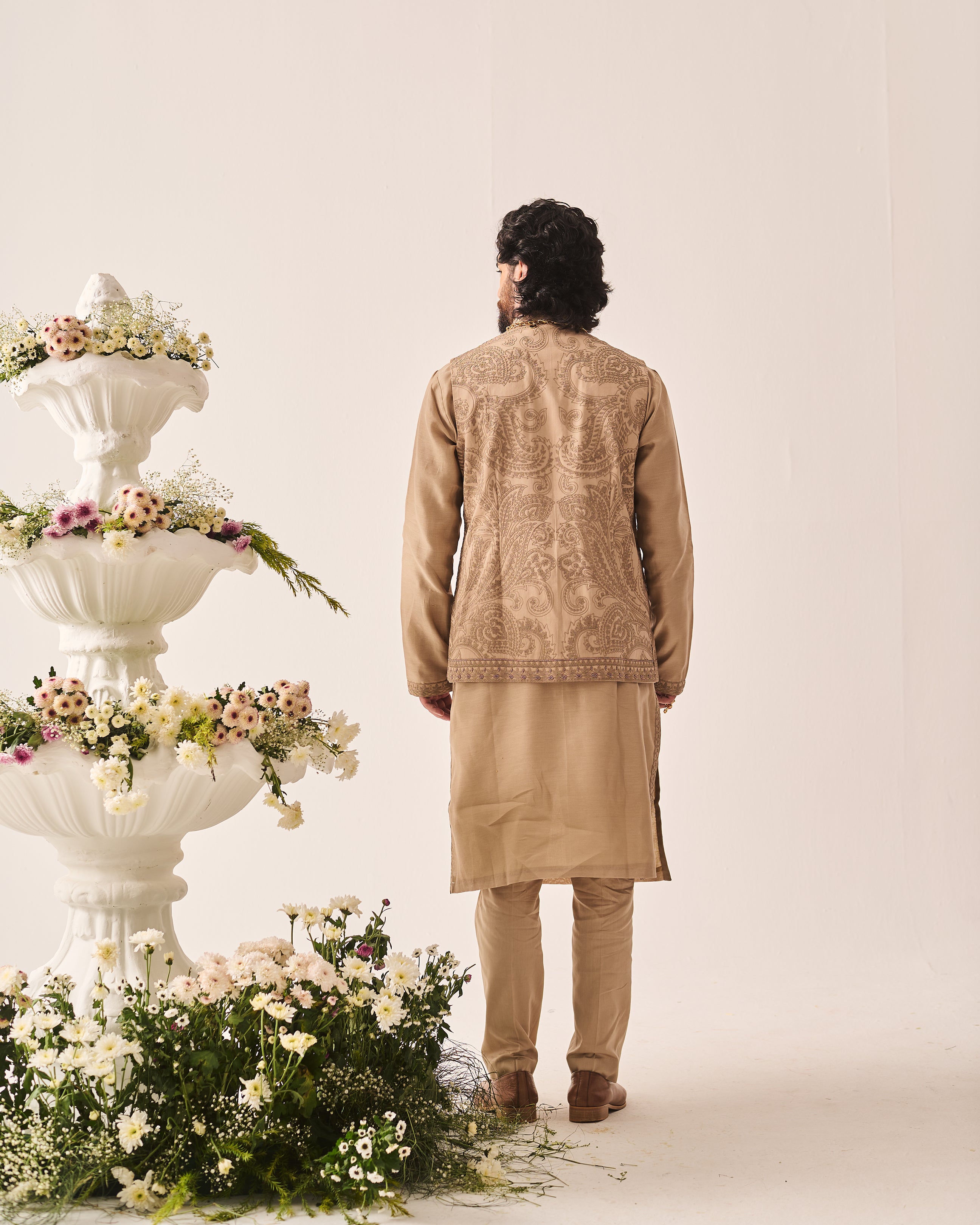 Kurta With Pants and Bundi / Chanderi / Dark Beige / Paisley Bageecha / Dori/Hand Embroidery