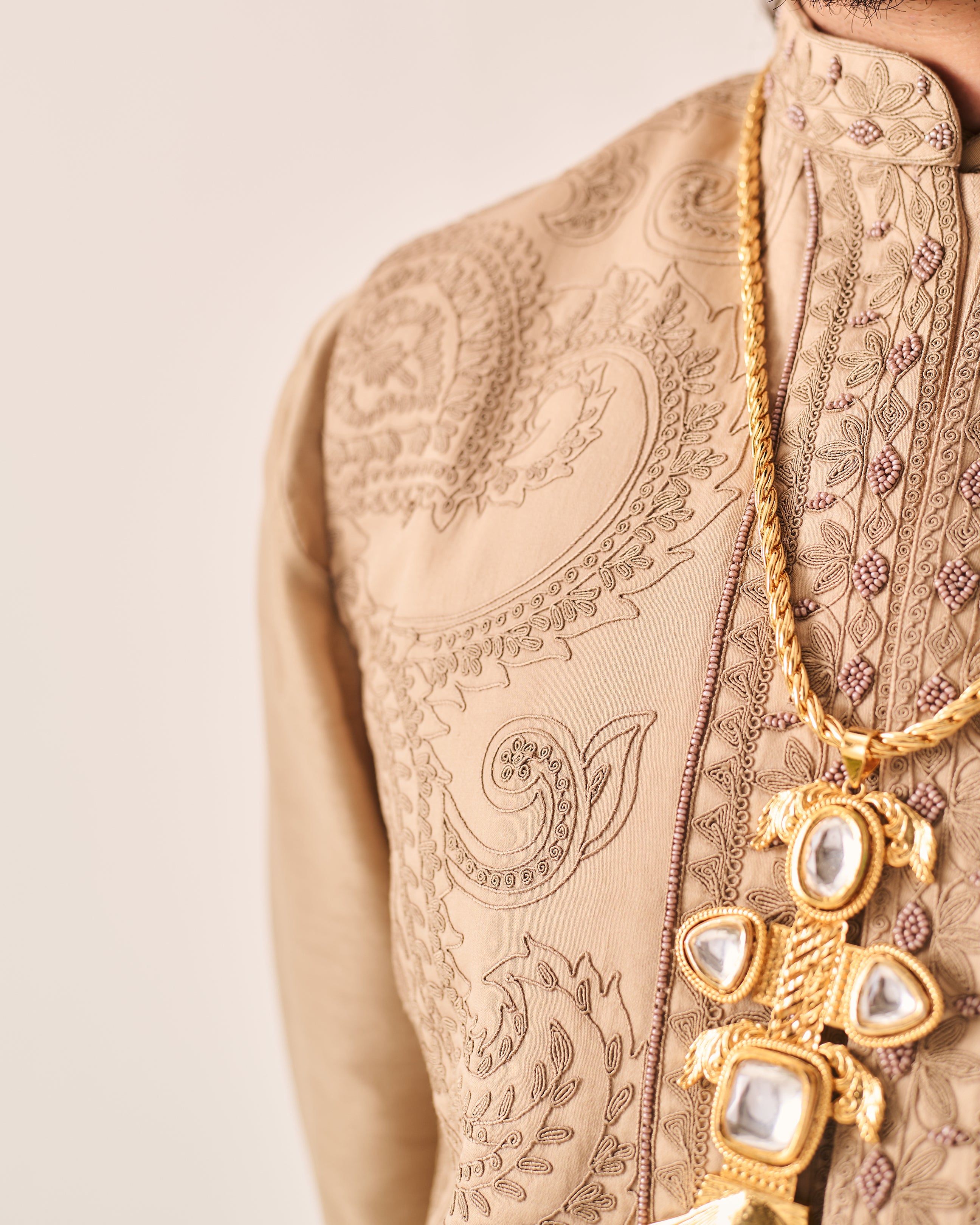 Kurta With Pants and Bundi / Chanderi / Dark Beige / Paisley Bageecha / Dori/Hand Embroidery