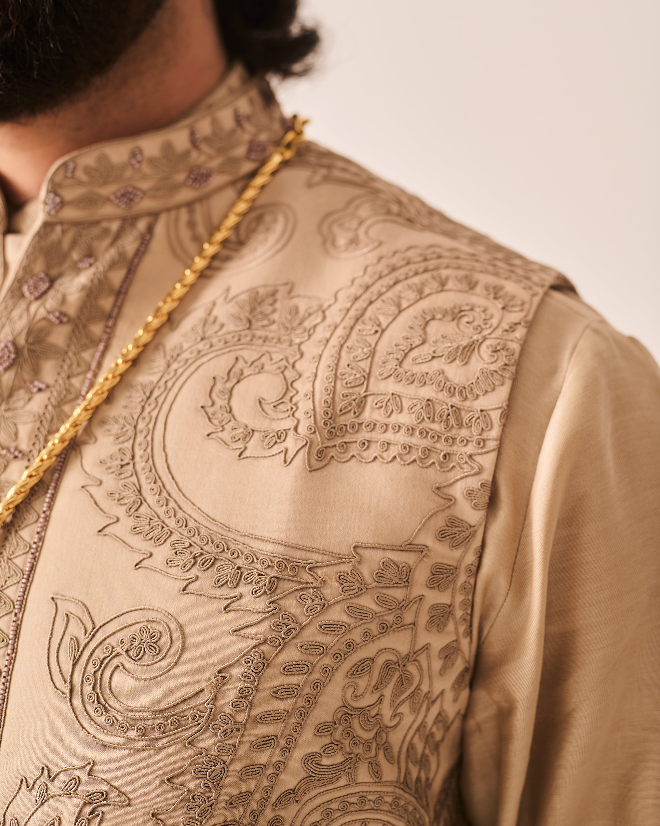 Kurta With Pants and Bundi / Chanderi / Dark Beige / Paisley Bageecha / Dori/Hand Embroidery