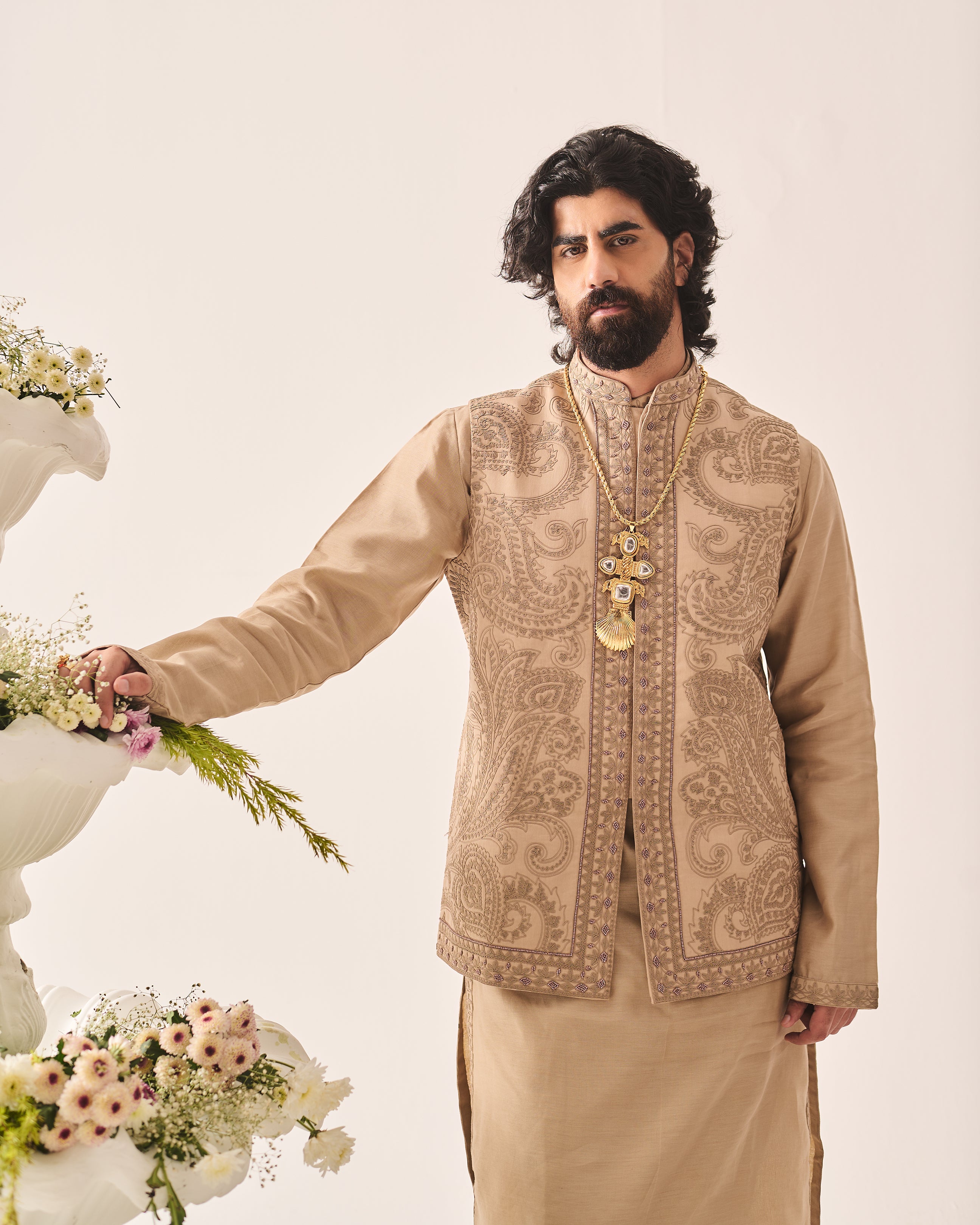 Kurta With Pants and Bundi / Chanderi / Dark Beige / Paisley Bageecha / Dori/Hand Embroidery