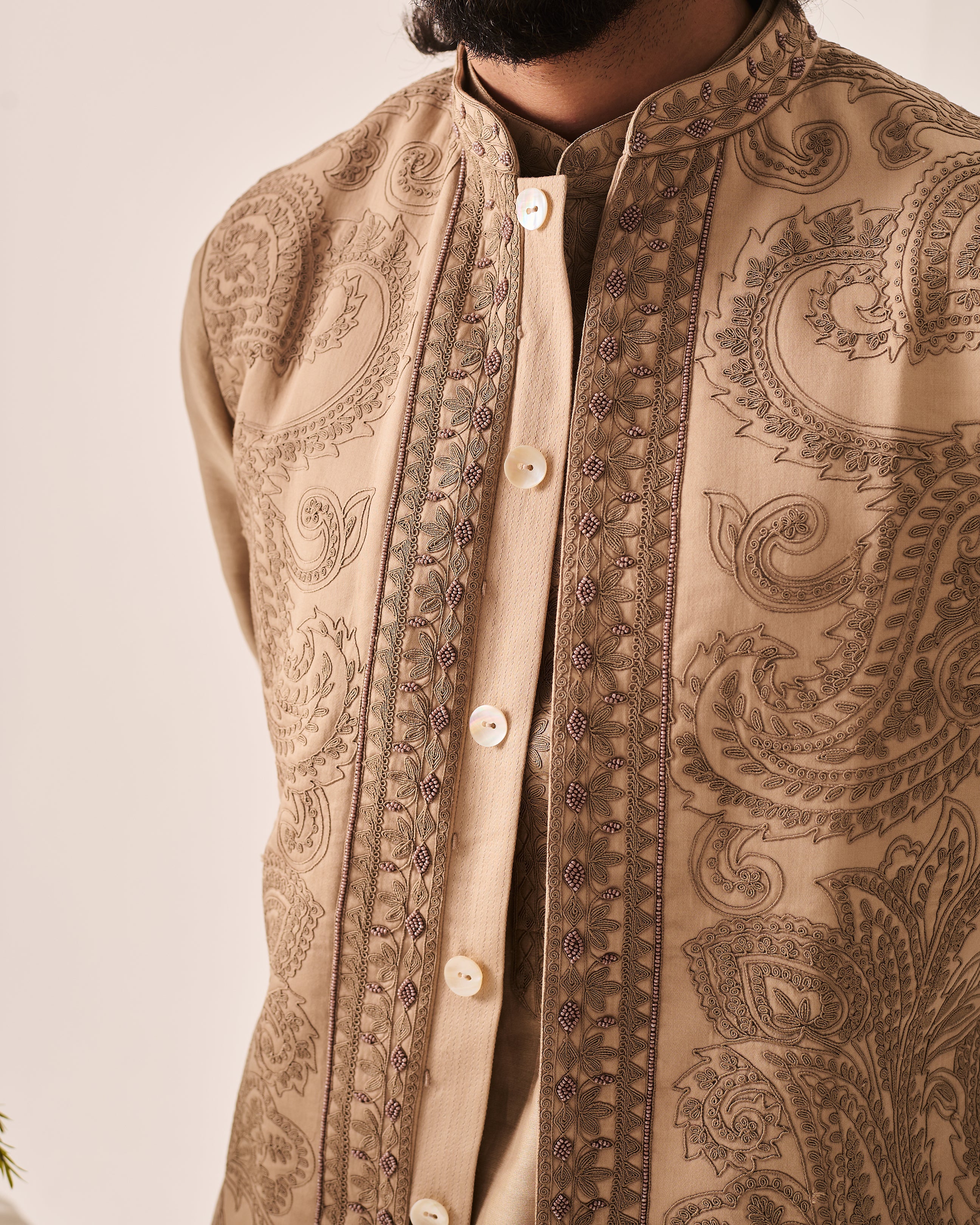 Kurta With Pants and Bundi / Chanderi / Dark Beige / Paisley Bageecha / Dori/Hand Embroidery