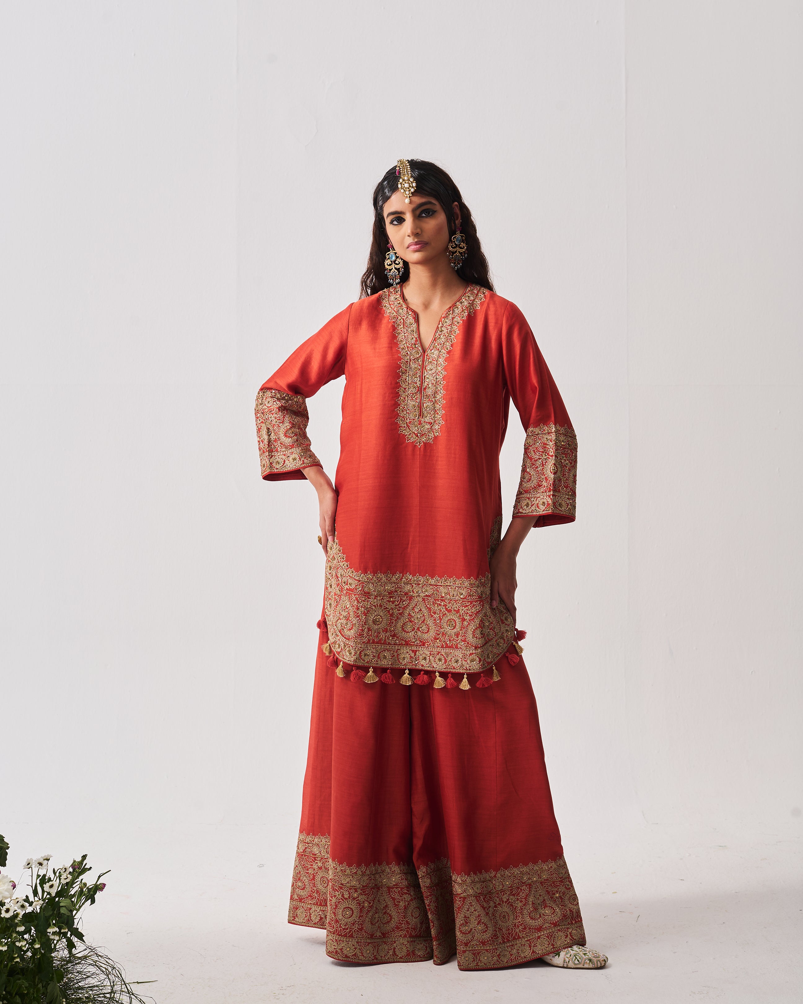 Short Kurta with Sharara and Dupatta / Chanderi / Rust / Paan Booti / Aari/Hand Embroidery