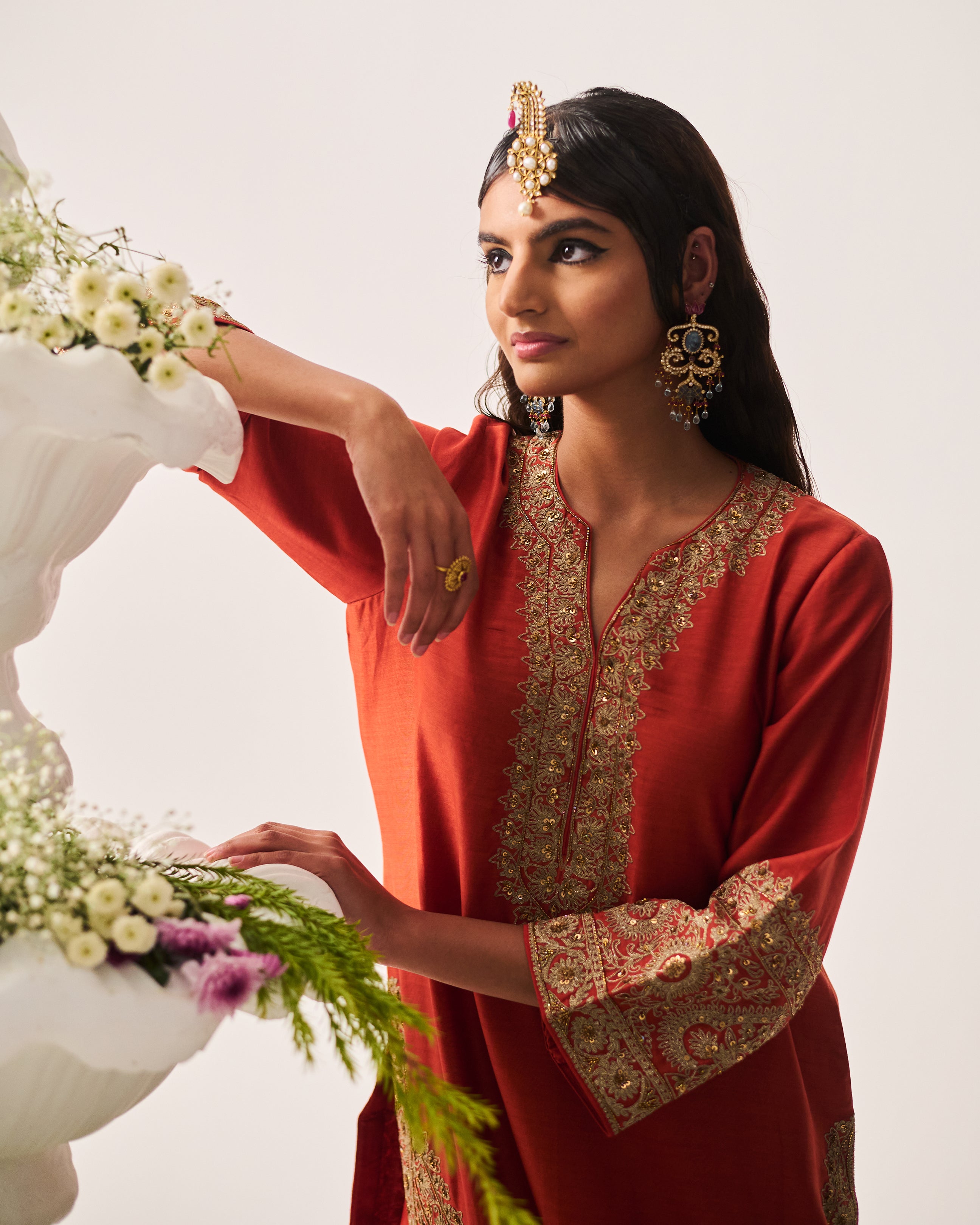 Short Kurta with Sharara and Dupatta / Chanderi / Rust / Paan Booti / Aari/Hand Embroidery