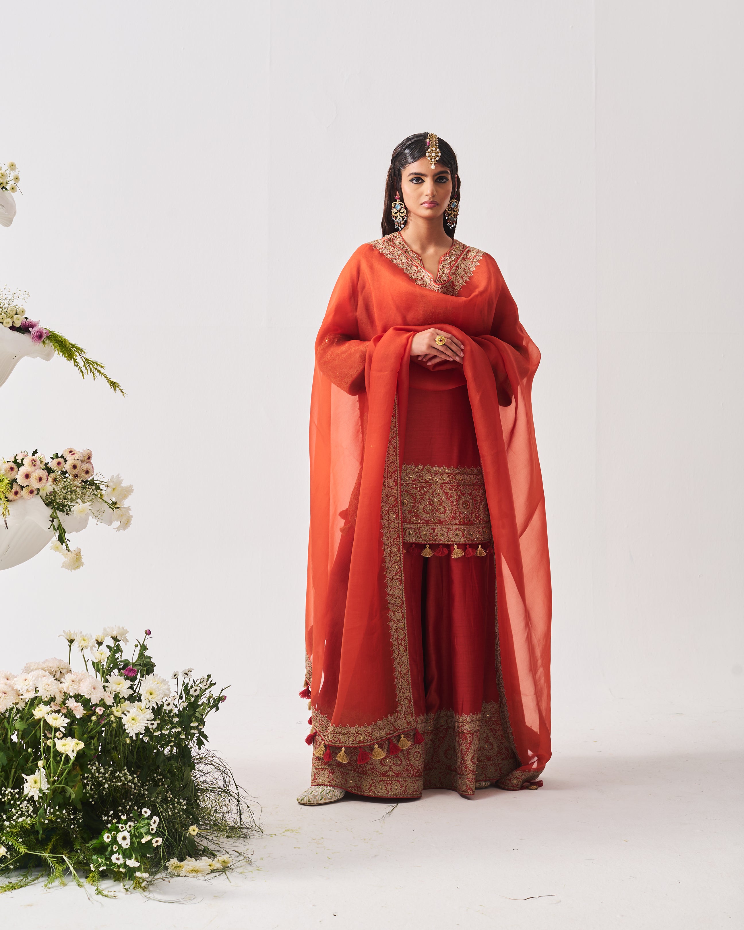 Short Kurta with Sharara and Dupatta / Chanderi / Rust / Paan Booti / Aari/Hand Embroidery