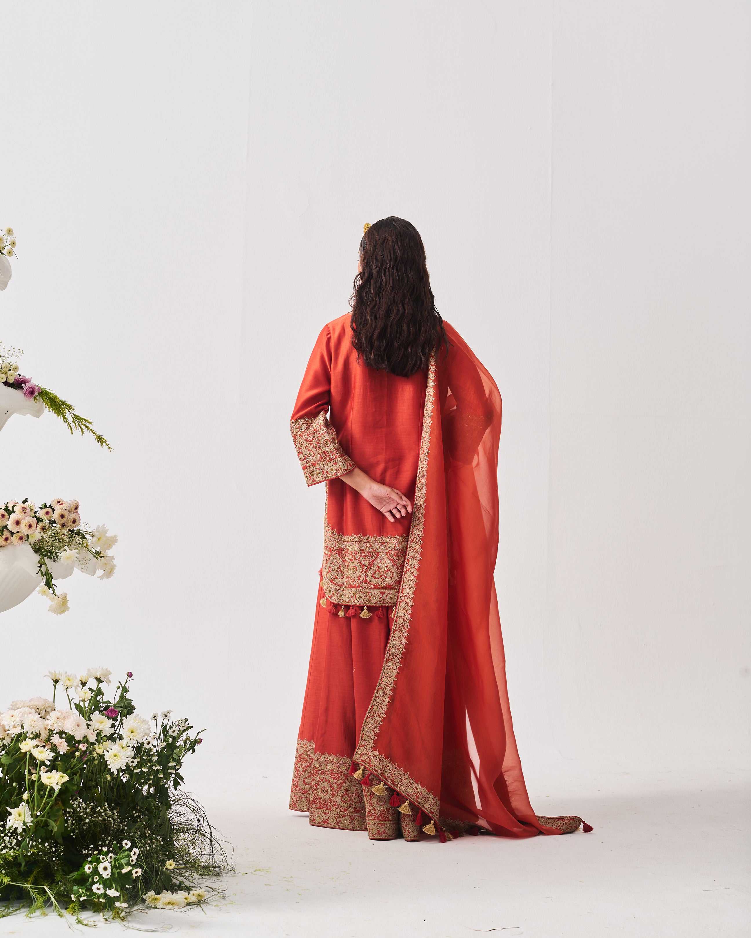 Short Kurta with Sharara and Dupatta / Chanderi / Rust / Paan Booti / Aari/Hand Embroidery