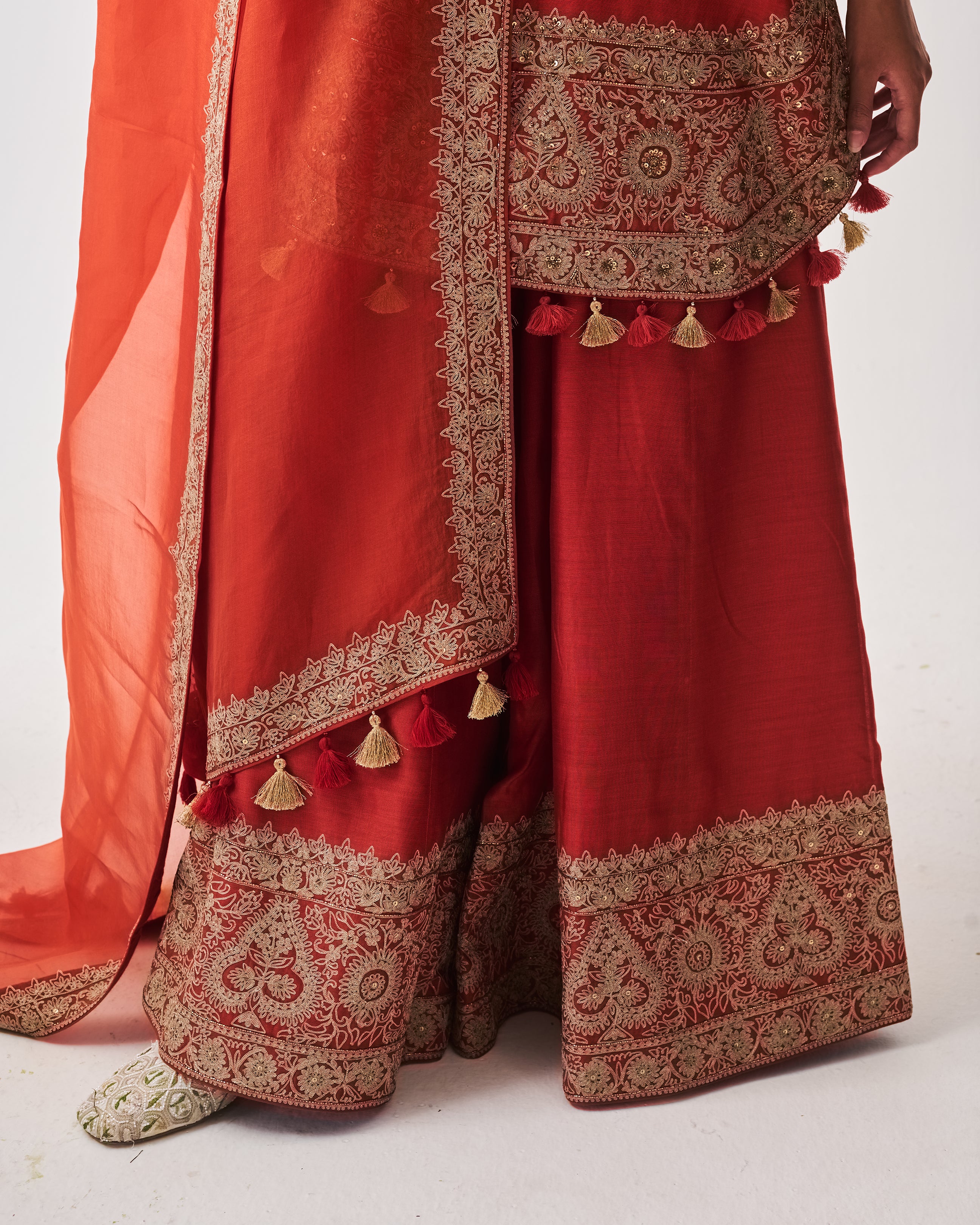 Short Kurta with Sharara and Dupatta / Chanderi / Rust / Paan Booti / Aari/Hand Embroidery