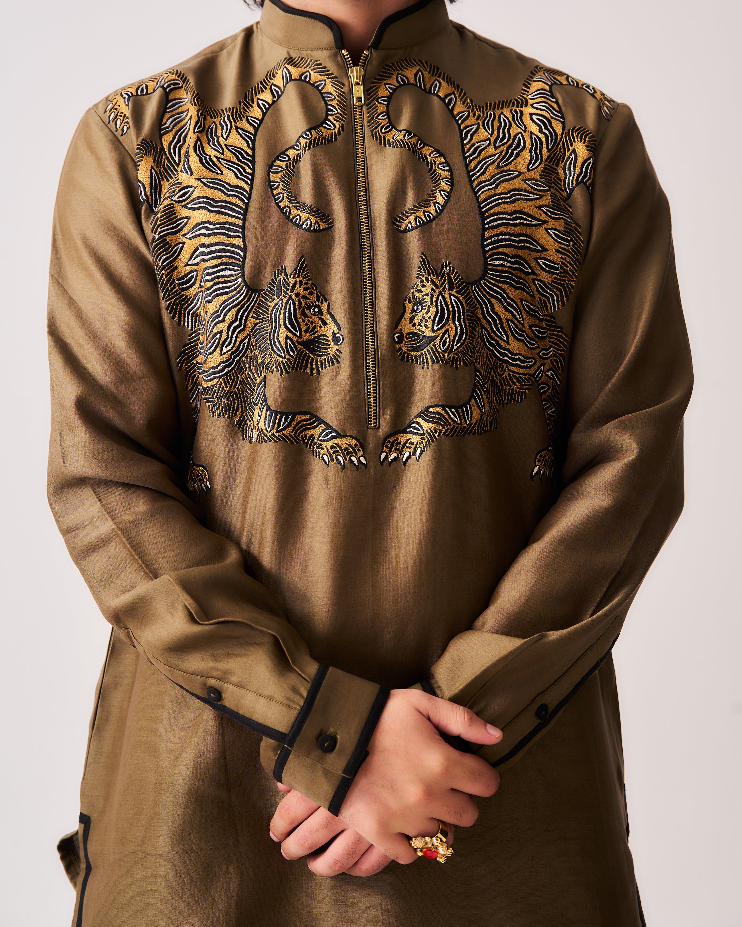 Kurta With Flare Pants / Chanderi / Olive Brown / Twin Guardians / Resham Embroidery
