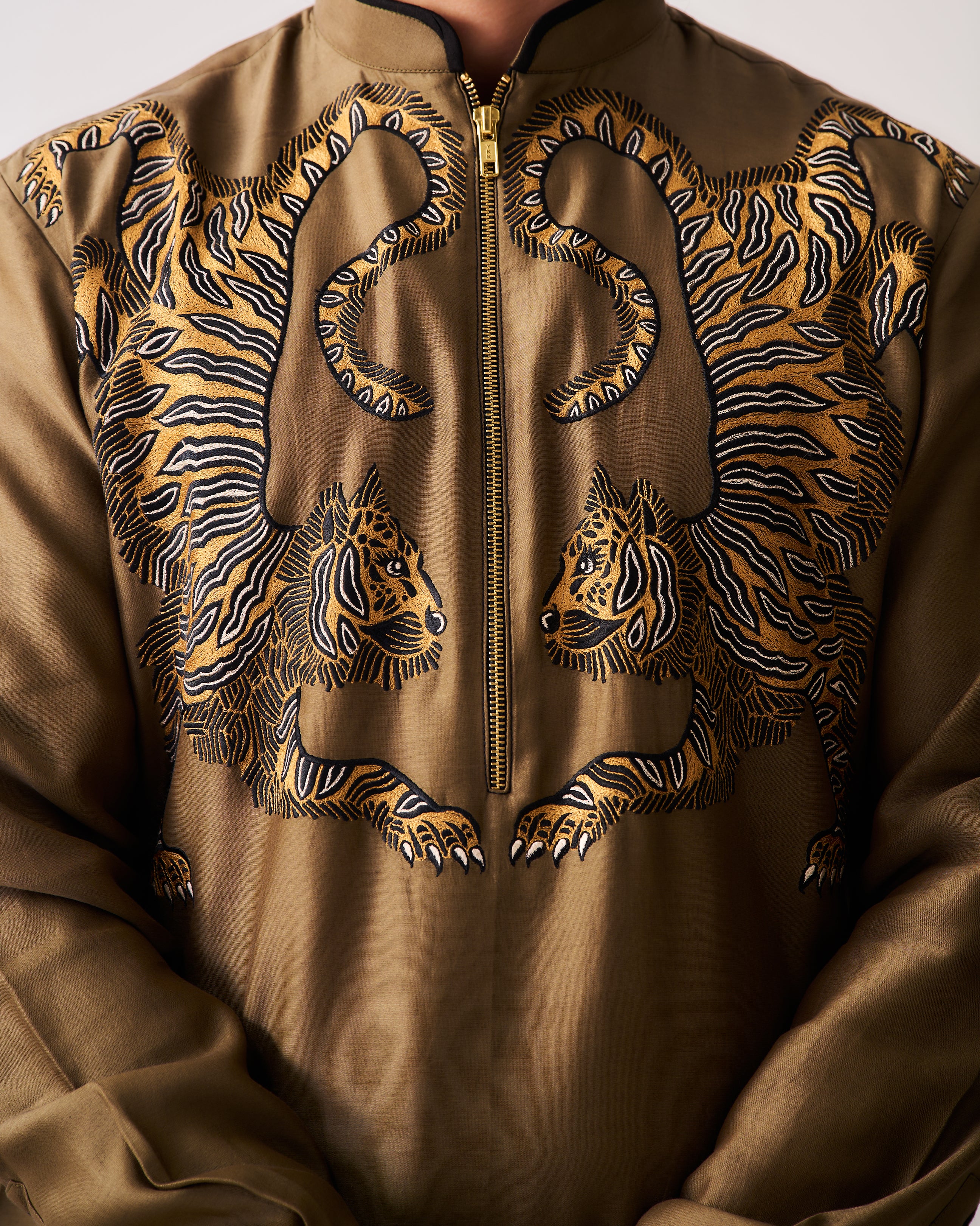 Kurta With Flare Pants / Chanderi / Olive Brown / Twin Guardians / Resham Embroidery