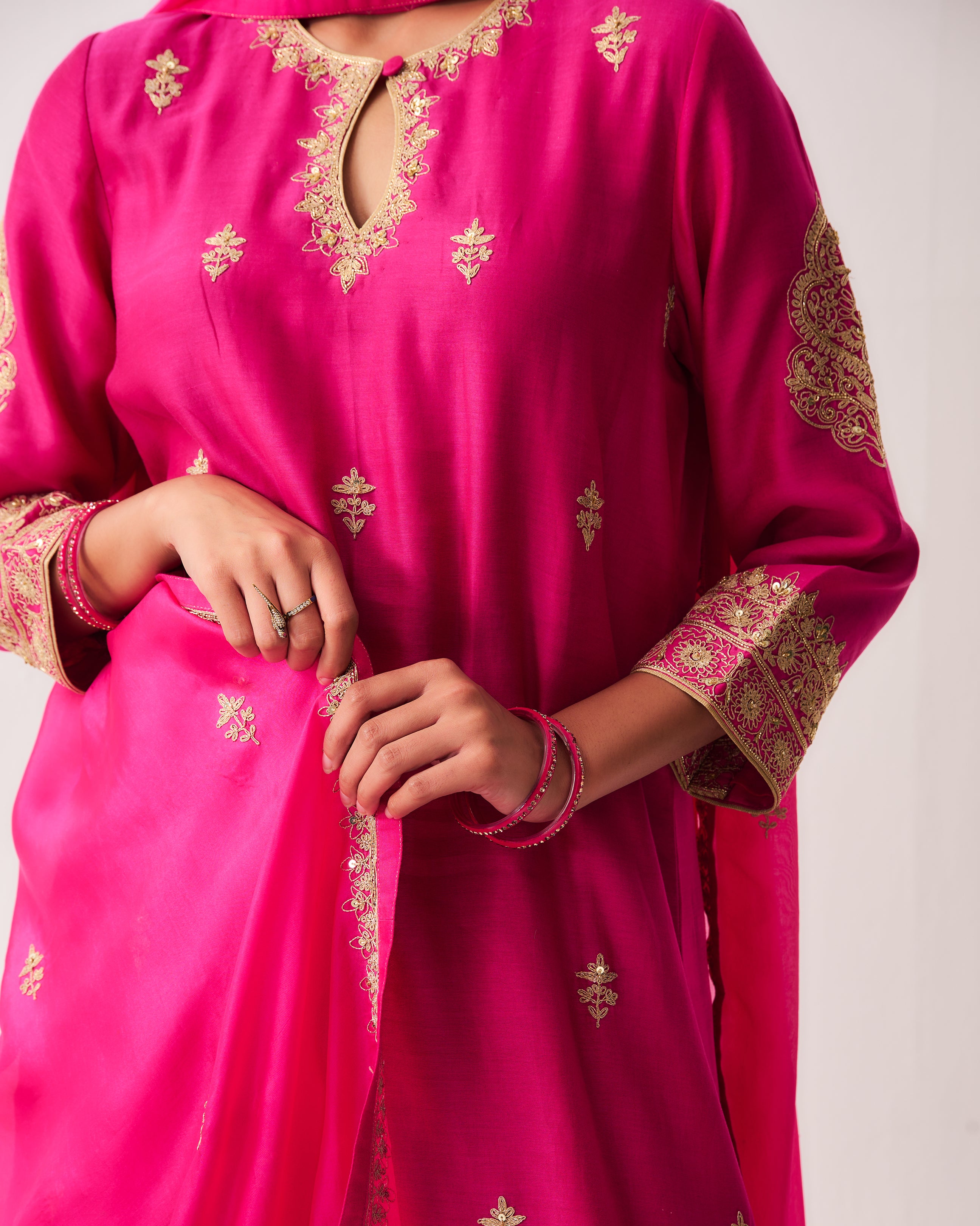 Kurta with Flare Pants and Dupatta / Chanderi / Fuchsia / Phool Booti / Dori/Hand Embroidery