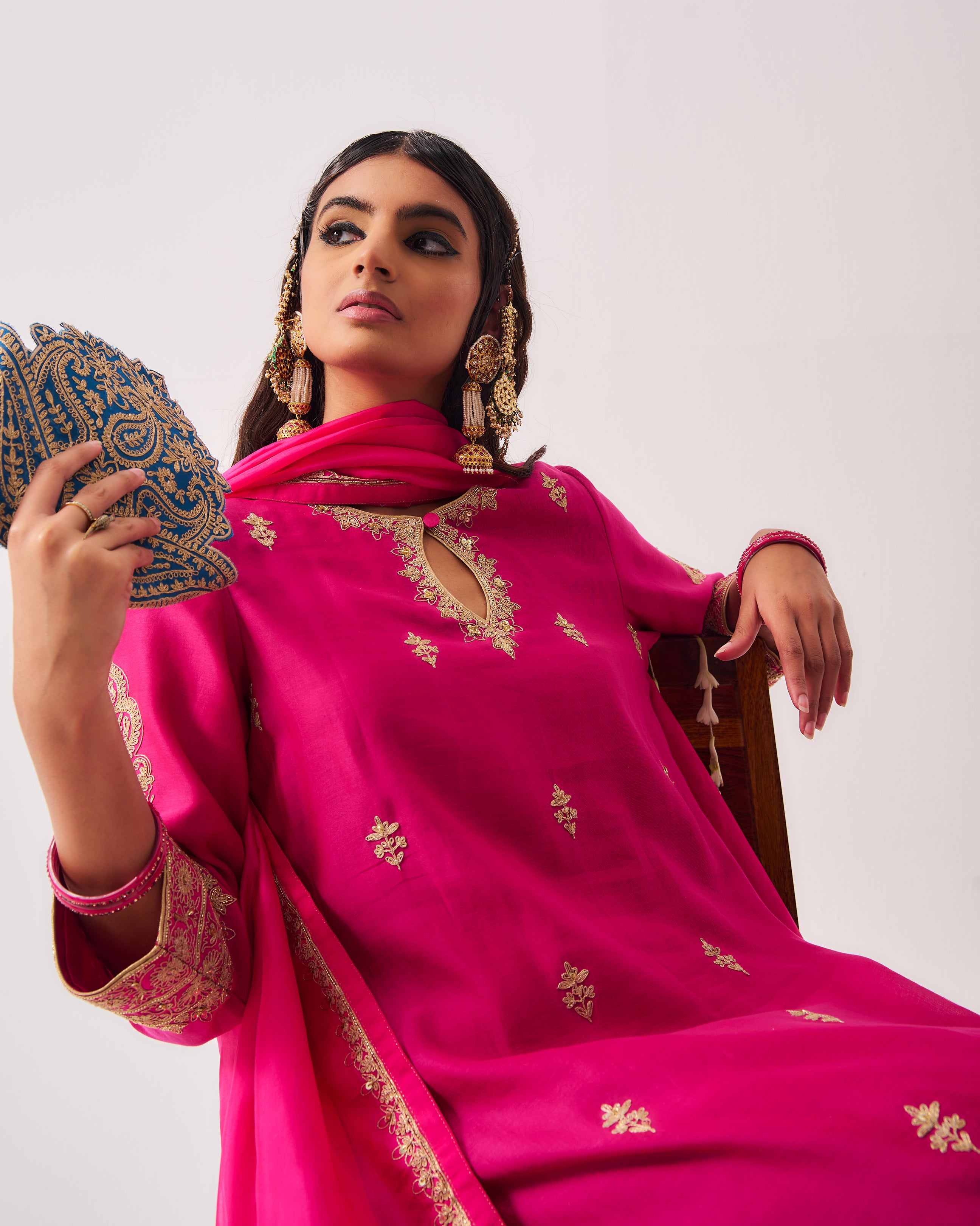 Kurta with Flare Pants and Dupatta / Chanderi / Fuchsia / Phool Booti / Dori/Hand Embroidery