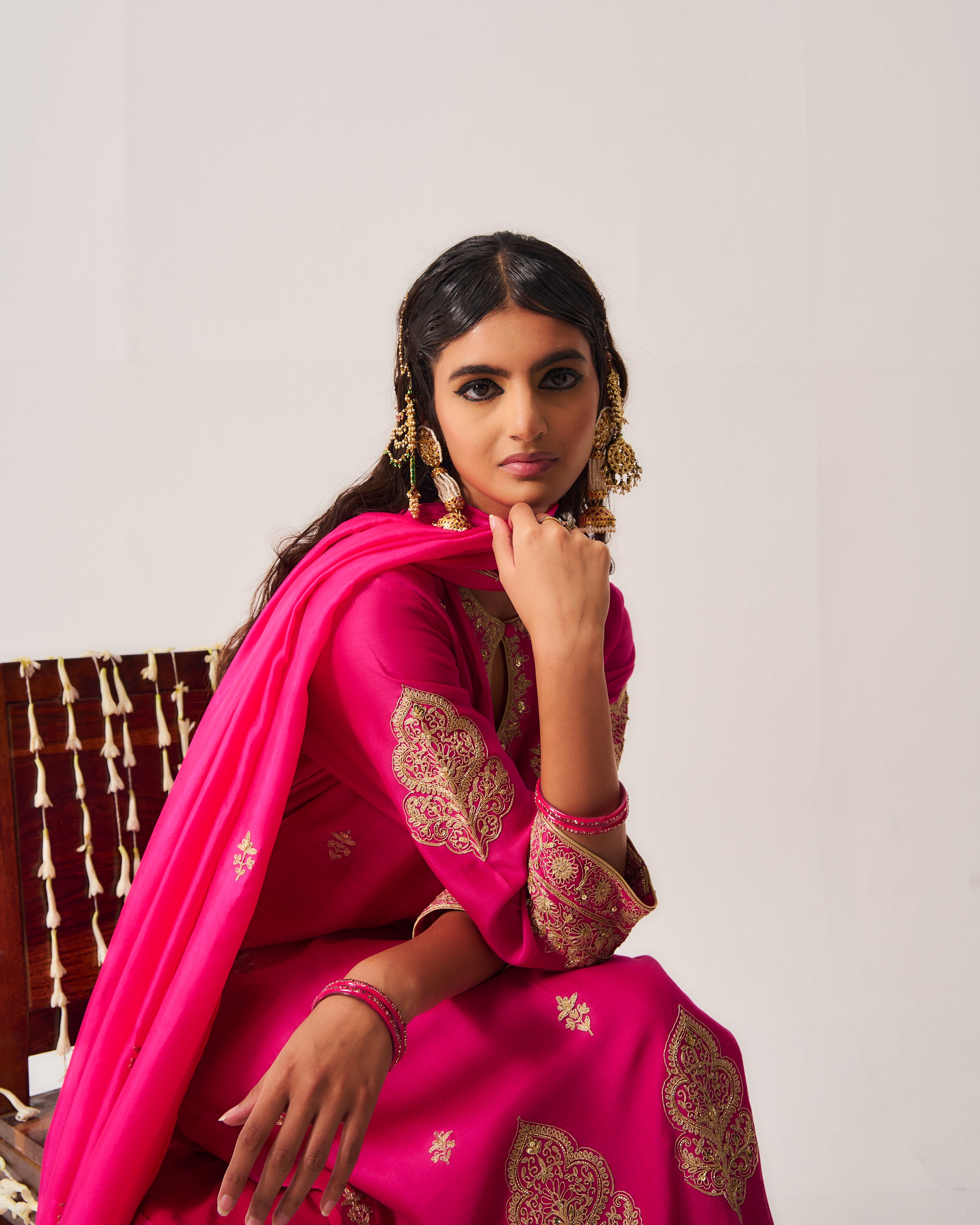 Kurta with Flare Pants and Dupatta / Chanderi / Fuchsia / Phool Booti / Dori/Hand Embroidery