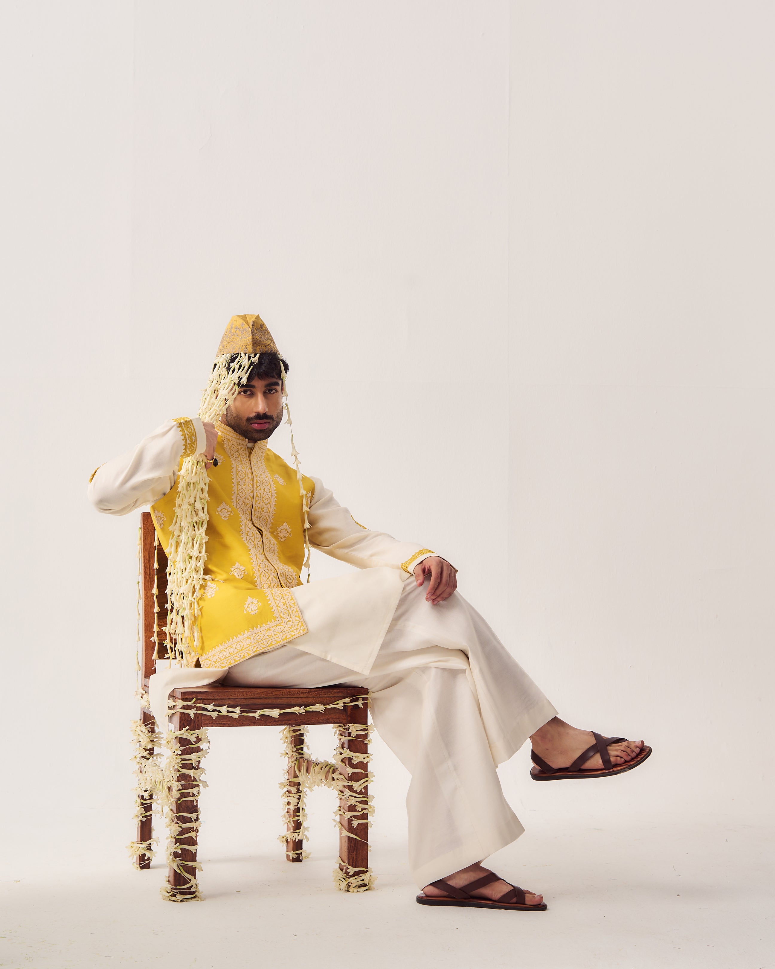 Kurta With Flare Pants and Bundi / Chanderi / Mustard Yellow / Marigold Court / Dori Embroidery