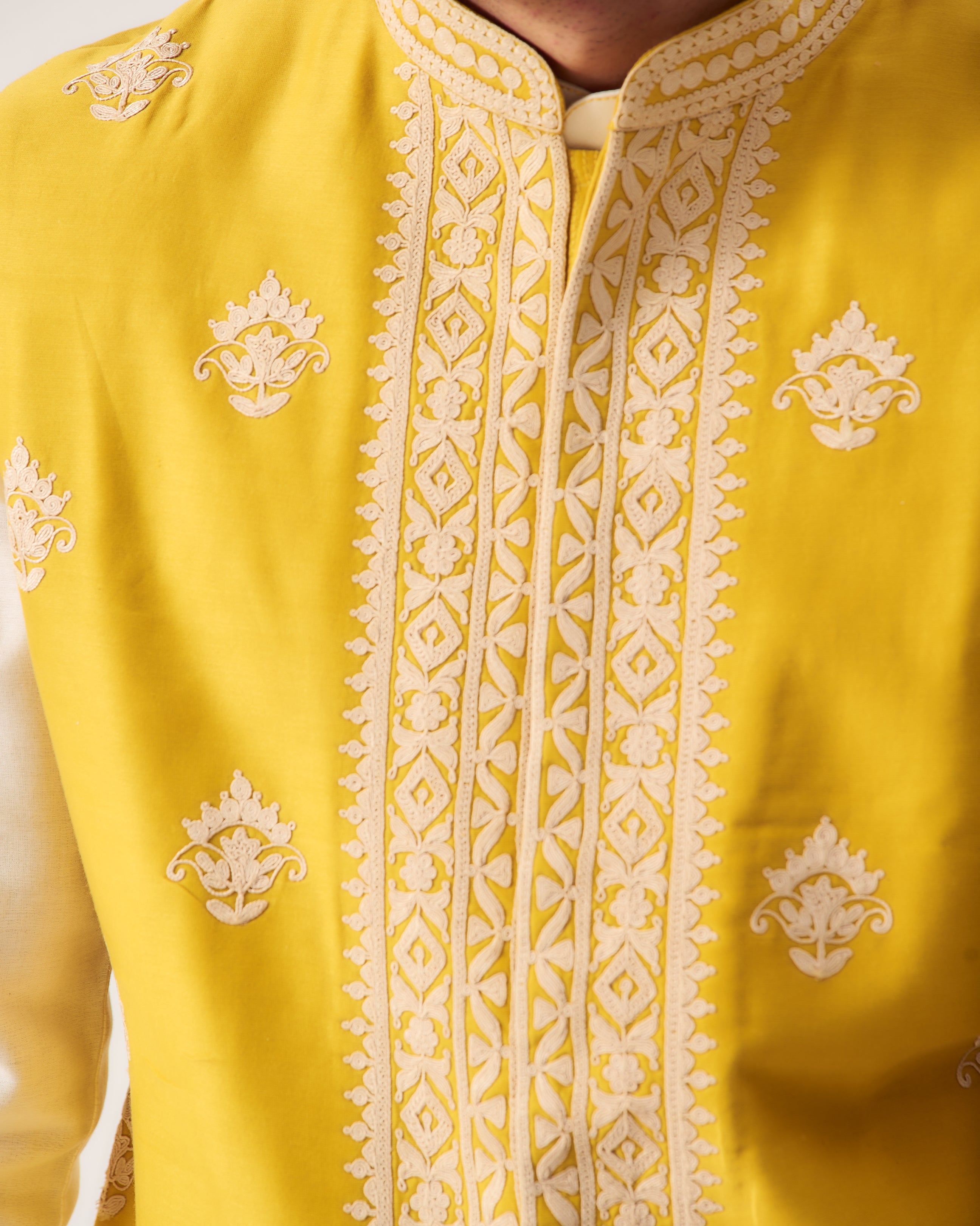 Kurta With Flare Pants and Bundi / Chanderi / Mustard Yellow / Marigold Court / Dori Embroidery