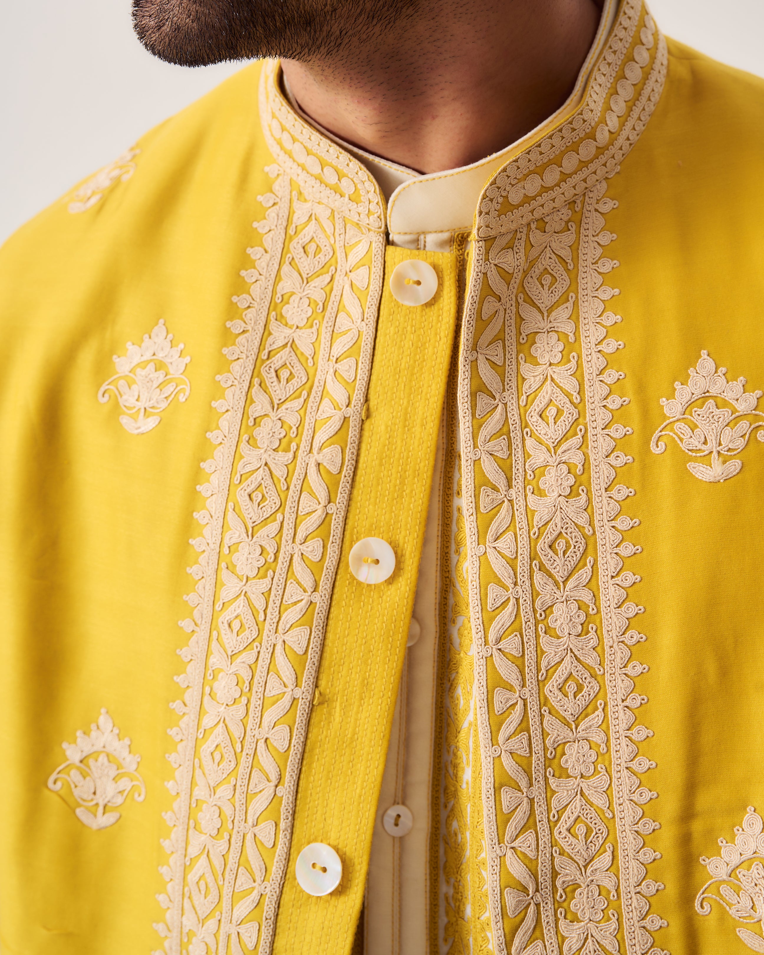 Kurta With Flare Pants and Bundi / Chanderi / Mustard Yellow / Marigold Court / Dori Embroidery