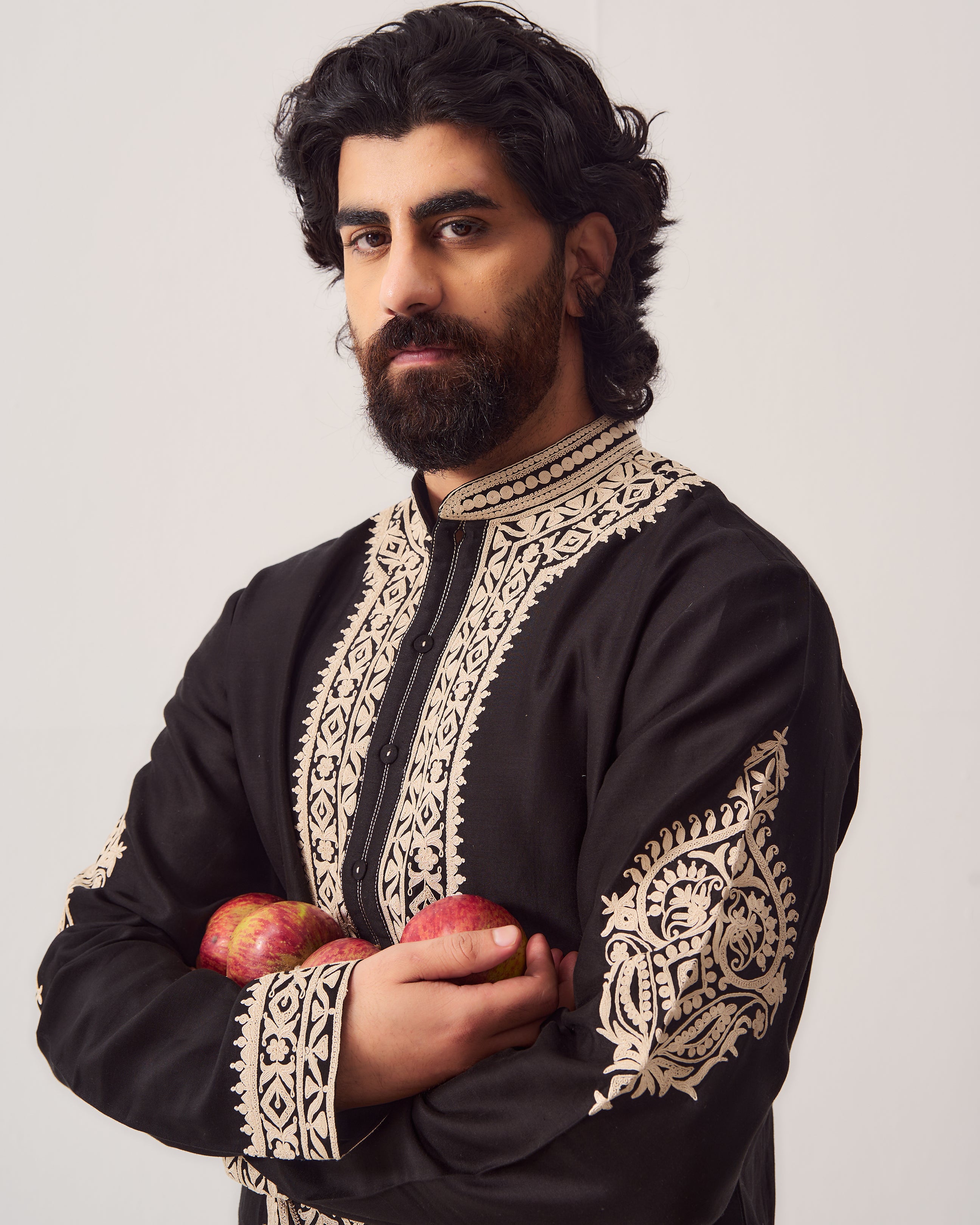 Kurta With Pants / Chanderi / Black / Royal Orchid / Dori Embroidery