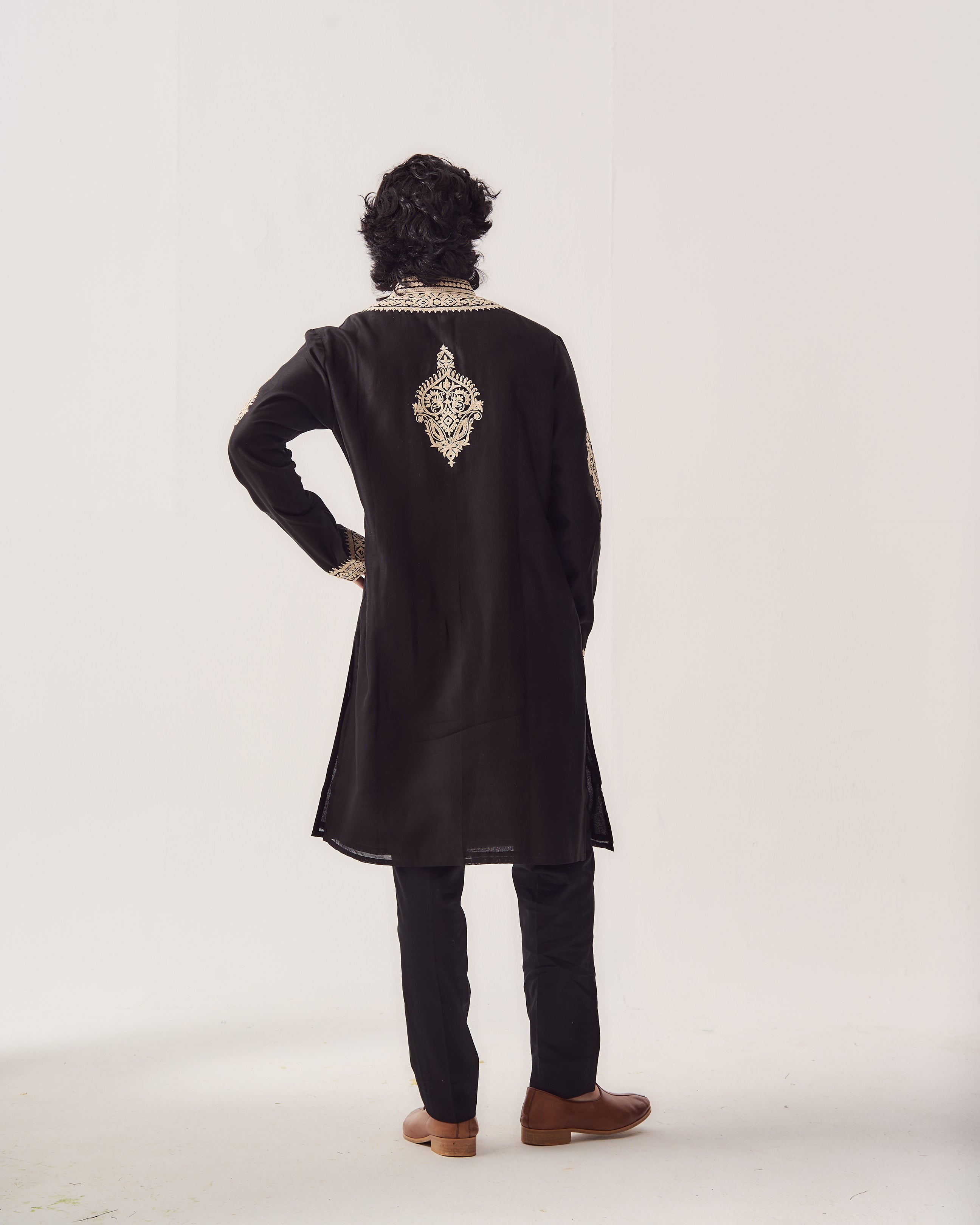 Kurta With Pants / Chanderi / Black / Royal Orchid / Dori Embroidery