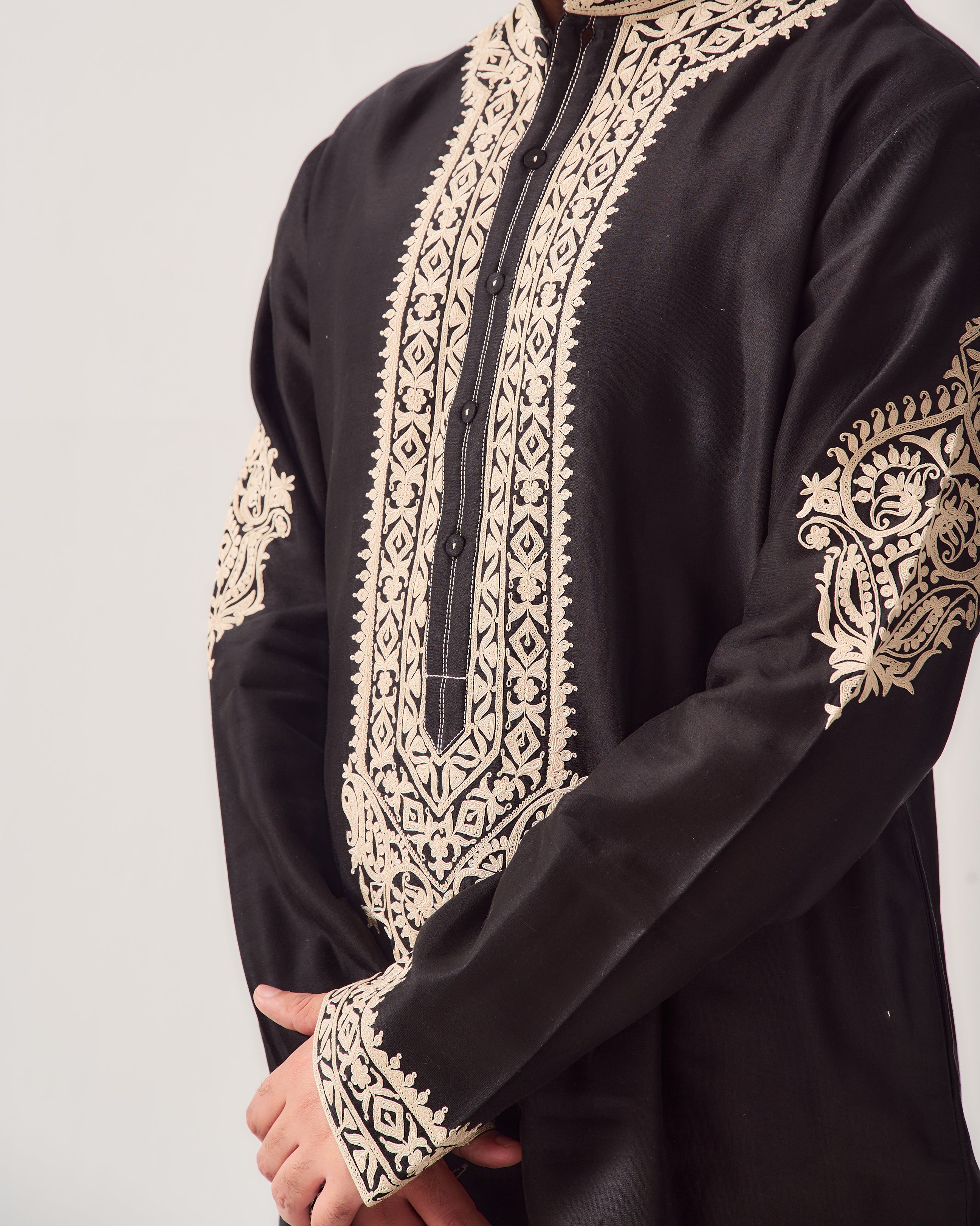Kurta With Pants / Chanderi / Black / Royal Orchid / Dori Embroidery