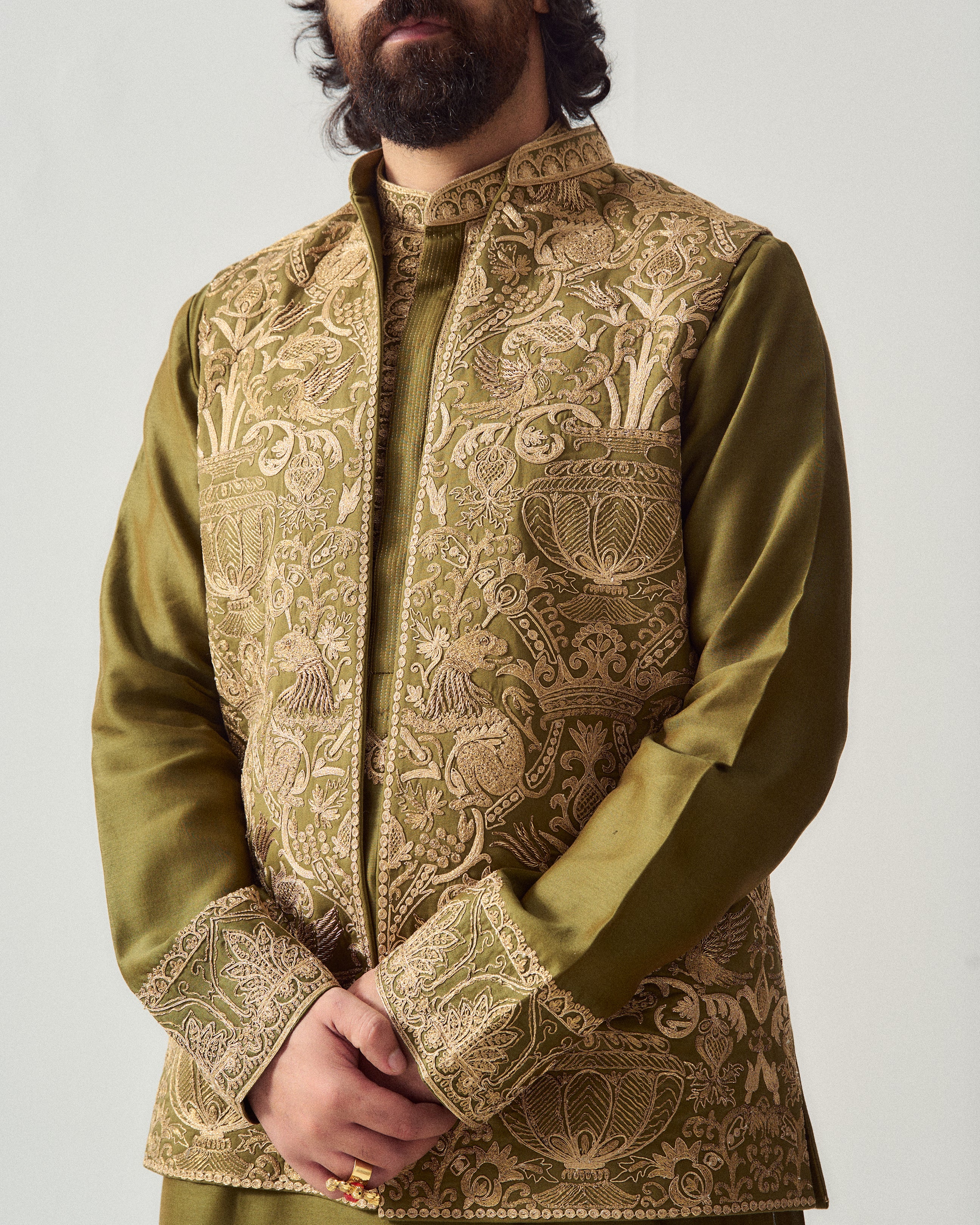 Kurta With Pants and Front Open Bundi / Chanderi / Dark Olive / Wild Crest / Resham/Hand Embroidery