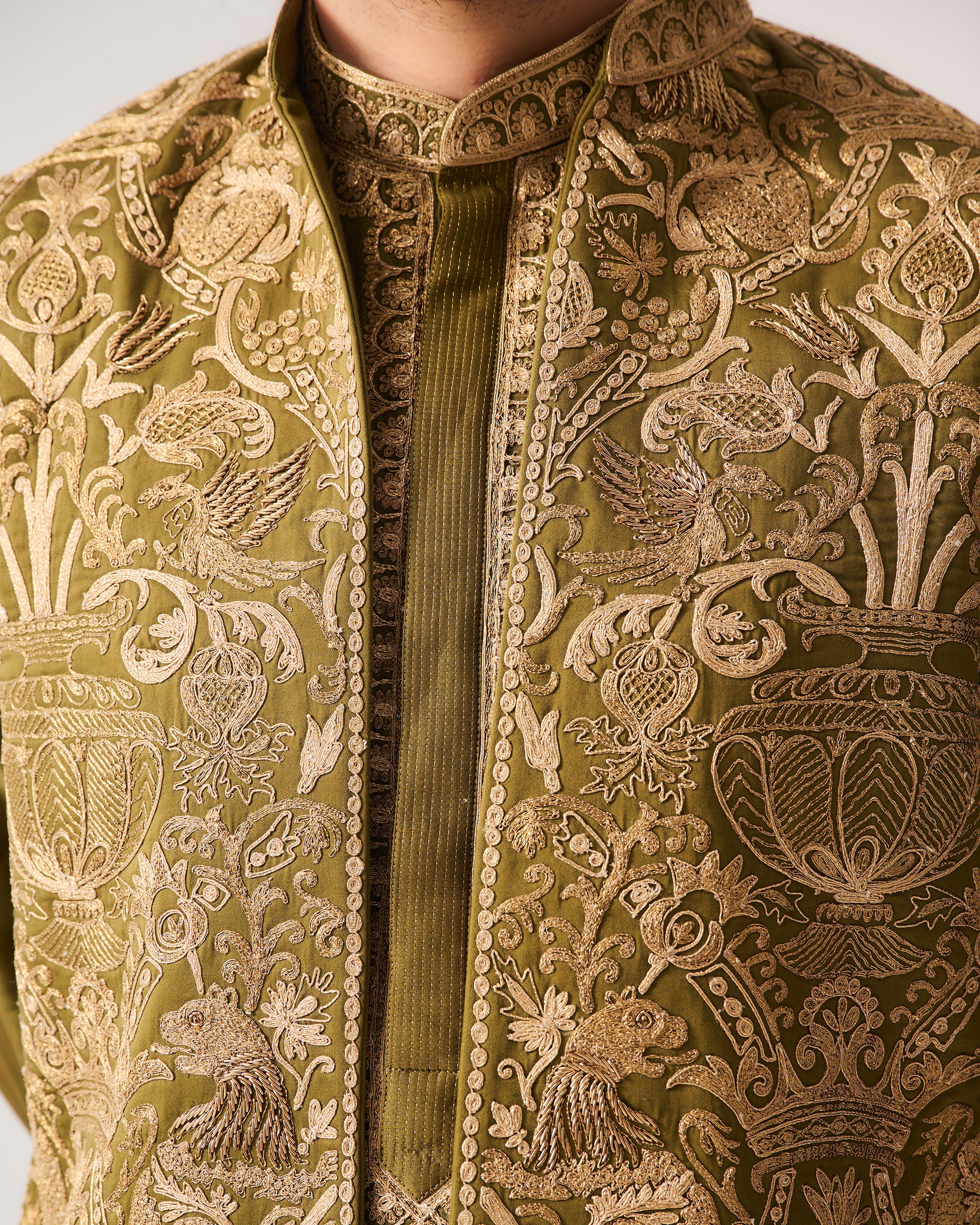 Kurta With Pants and Front Open Bundi / Chanderi / Dark Olive / Wild Crest / Resham/Hand Embroidery