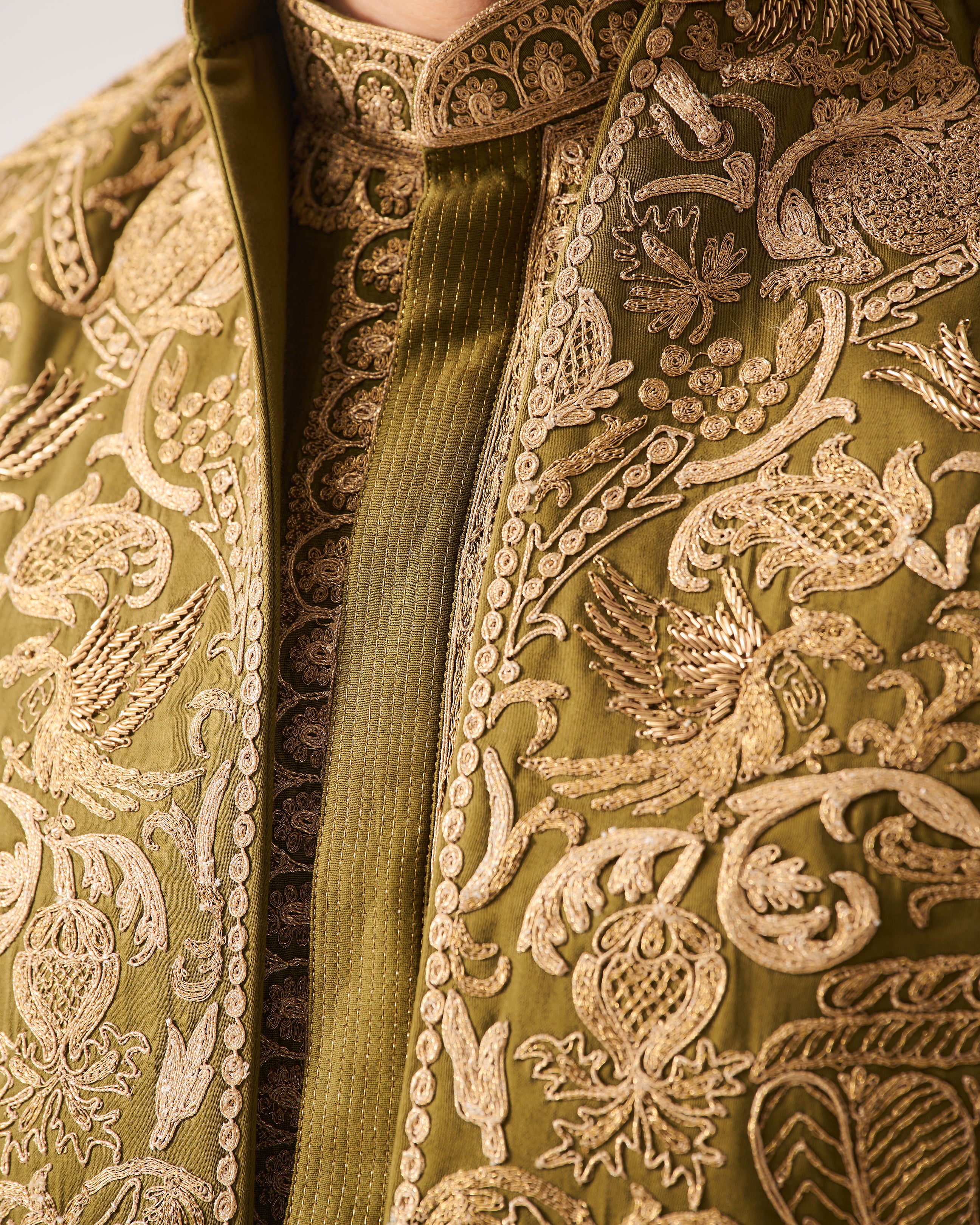 Kurta With Pants and Front Open Bundi / Chanderi / Dark Olive / Wild Crest / Resham/Hand Embroidery