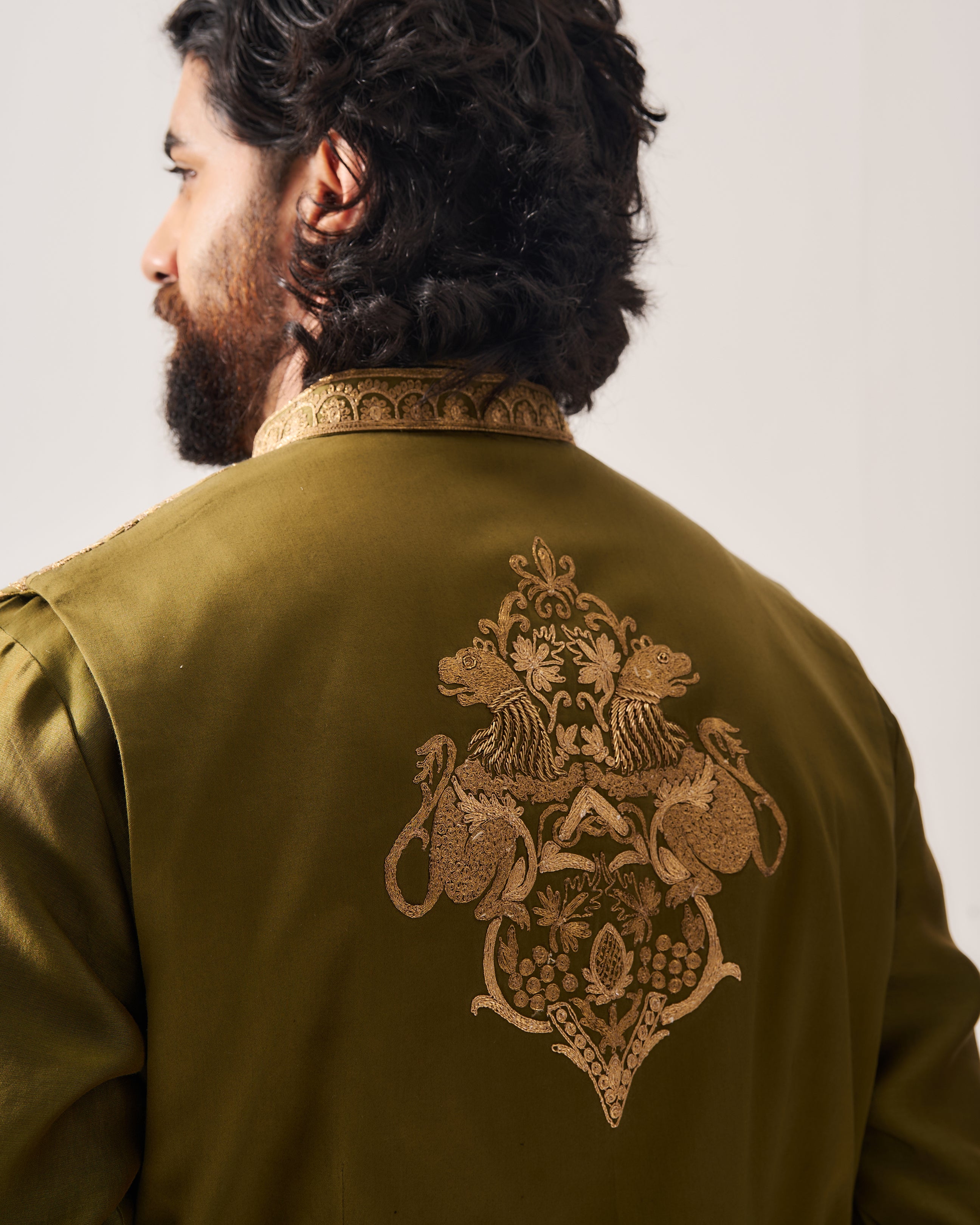 Kurta With Pants and Front Open Bundi / Chanderi / Dark Olive / Wild Crest / Resham/Hand Embroidery