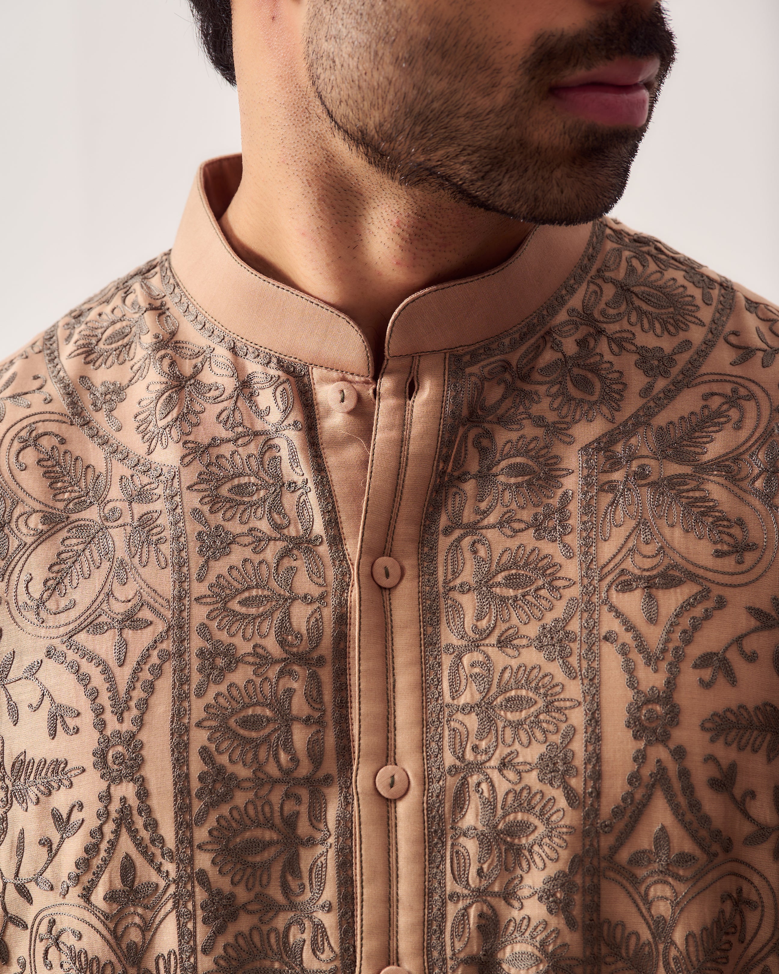 Kurta With Pants / Chanderi / Hazelnut / Mandala / Aari Embroidery