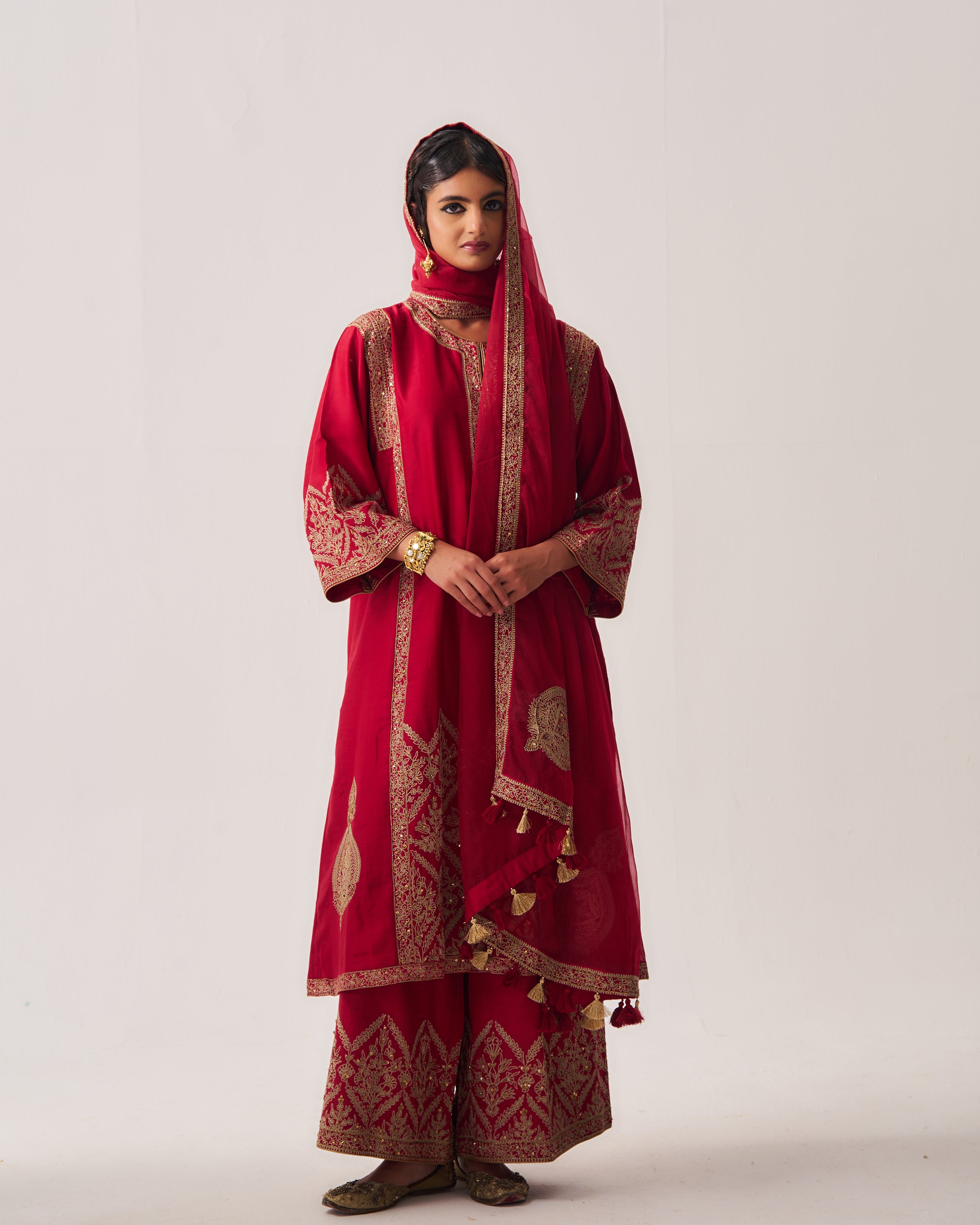 Phiran Kurta with Flare Pants and Dupatta / Chanderi / Deep Red / Floral Nest / Aari/Hand Embroidery