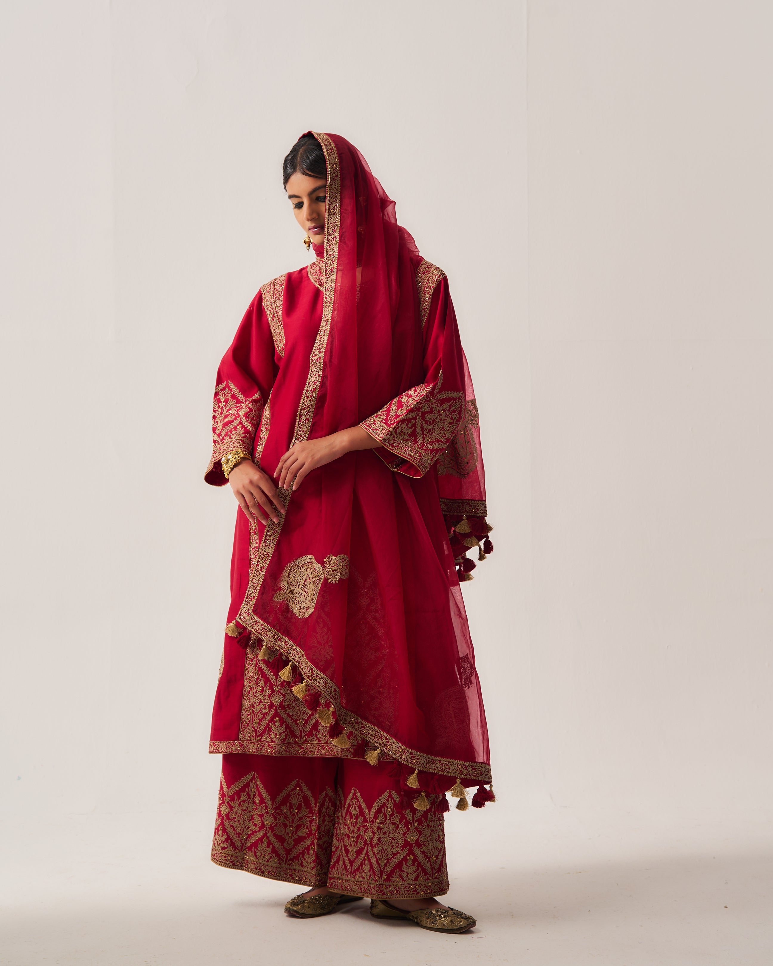 Phiran Kurta with Flare Pants and Dupatta / Chanderi / Deep Red / Floral Nest / Aari/Hand Embroidery