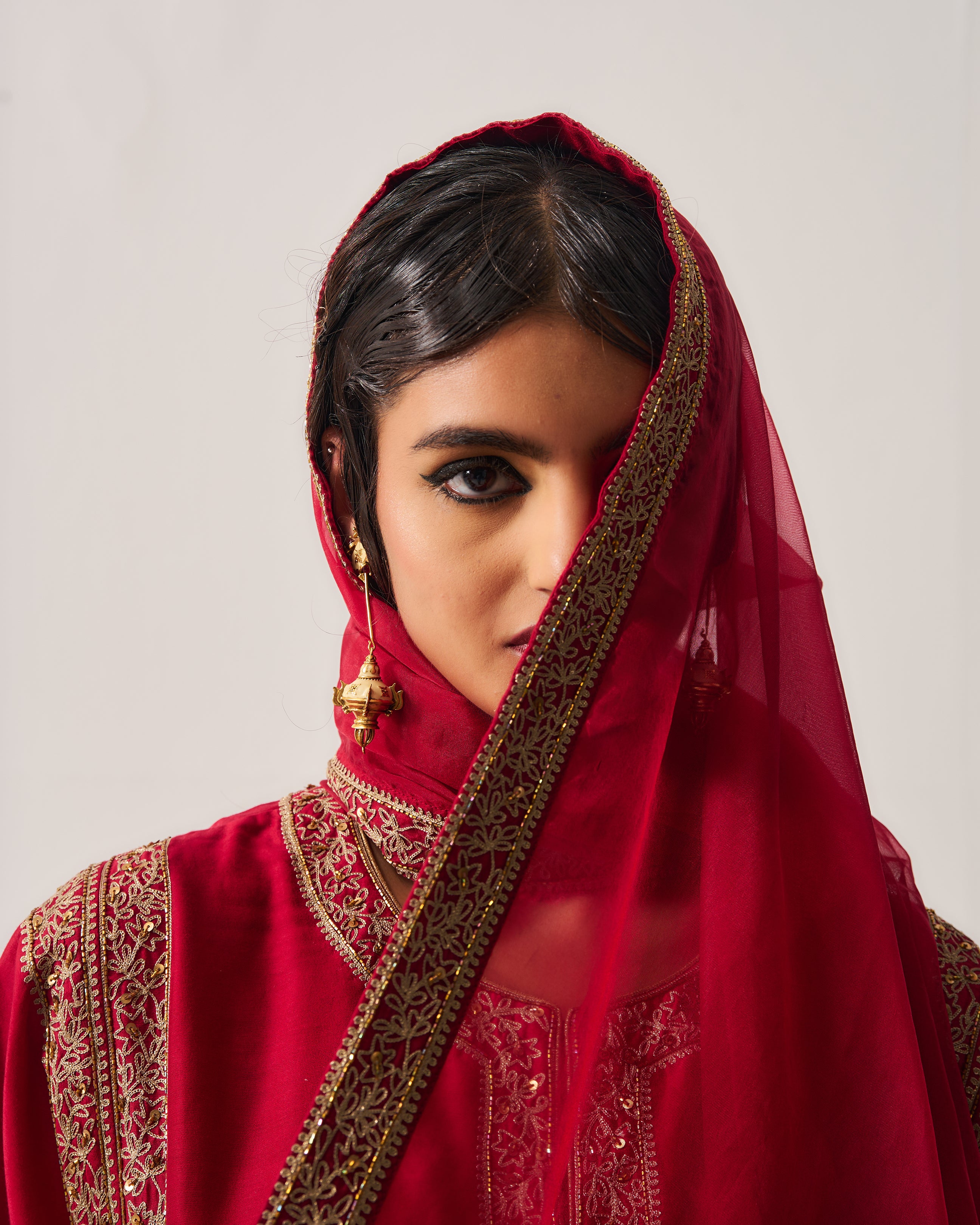 Phiran Kurta with Flare Pants and Dupatta / Chanderi / Deep Red / Floral Nest / Aari/Hand Embroidery