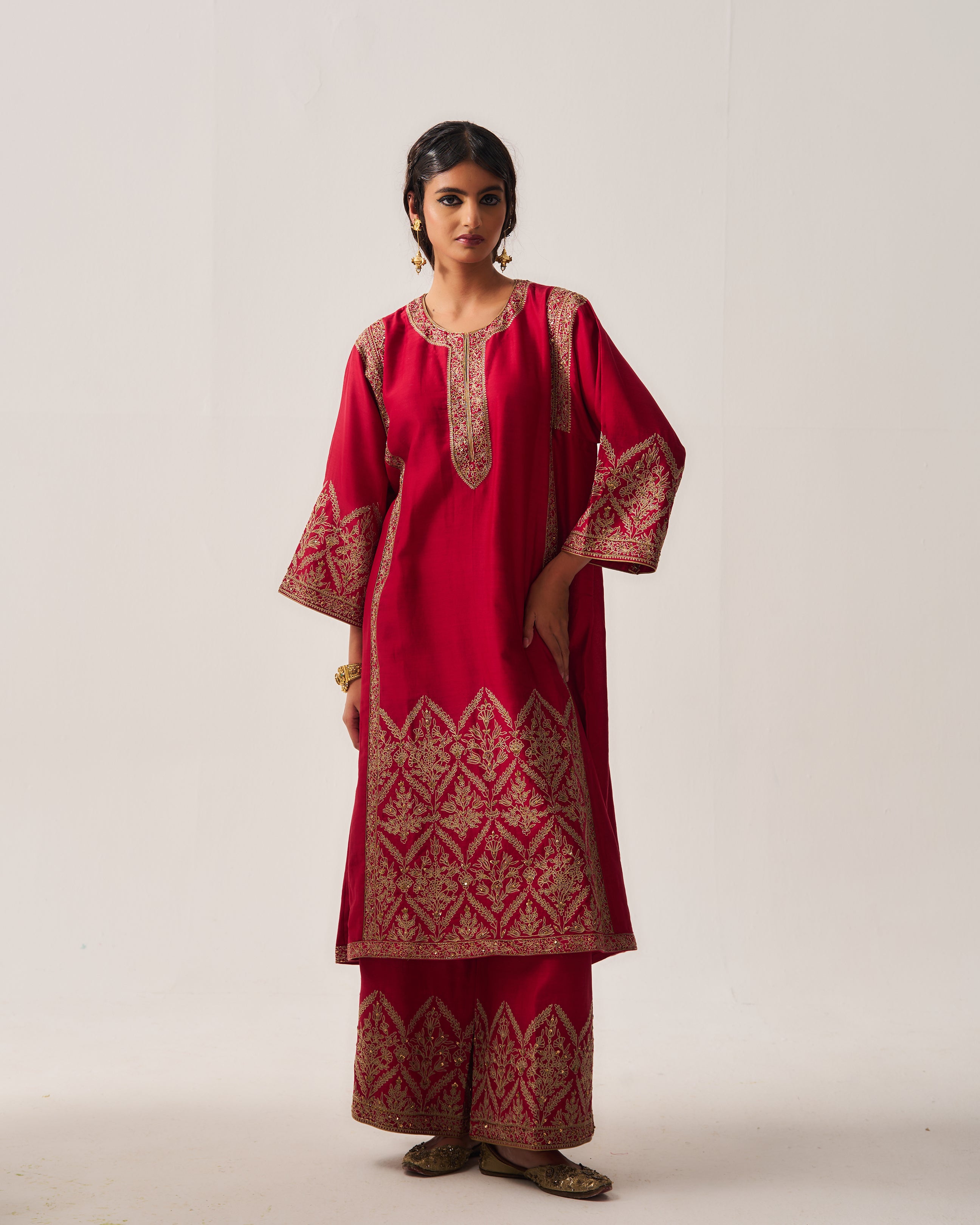 Phiran Kurta with Flare Pants and Dupatta / Chanderi / Deep Red / Floral Nest / Aari/Hand Embroidery