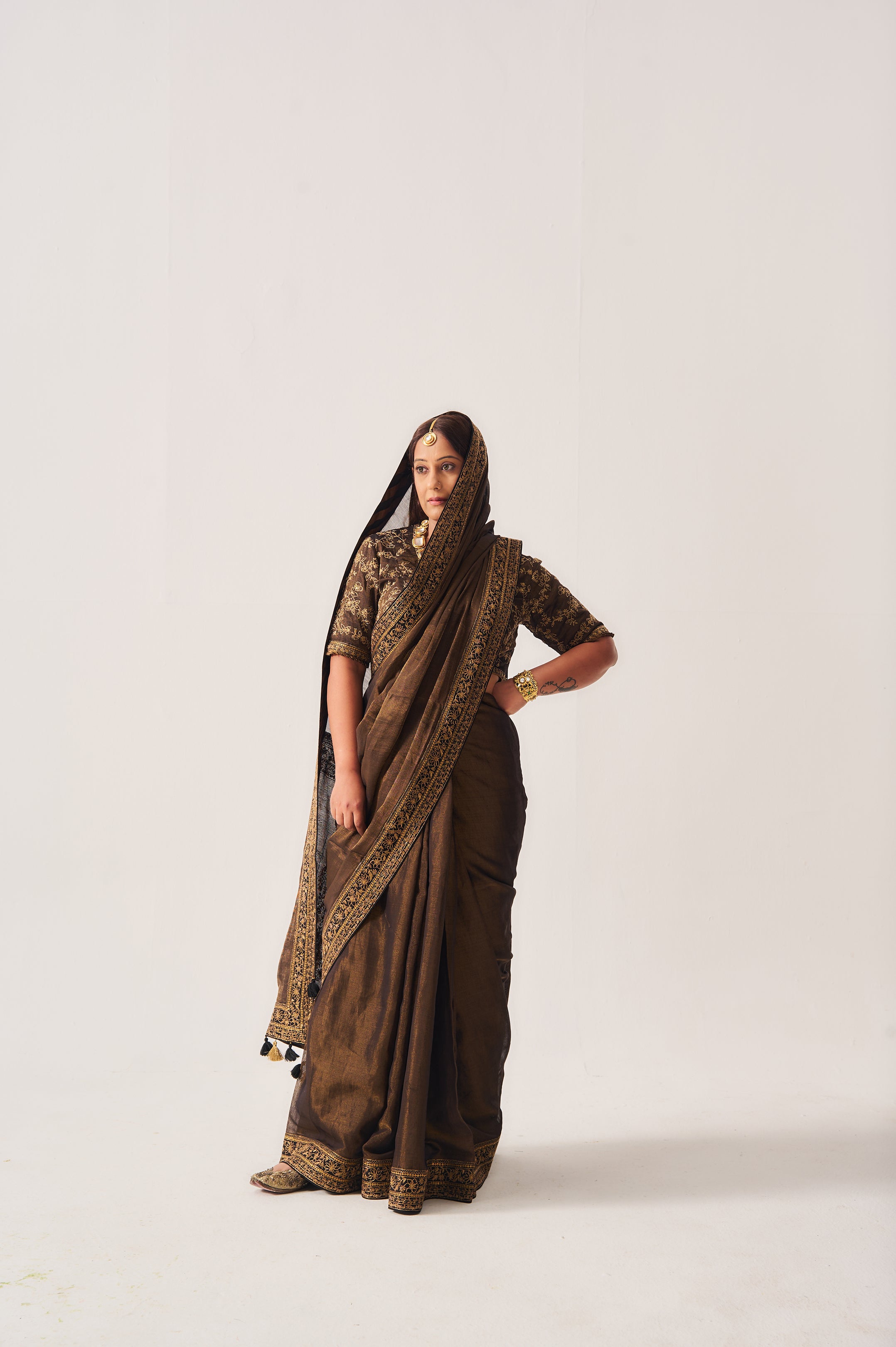 Saree with Stitched Blouse / Tissue Woven / Black / Ferdous / Dori/Hand Embroidery