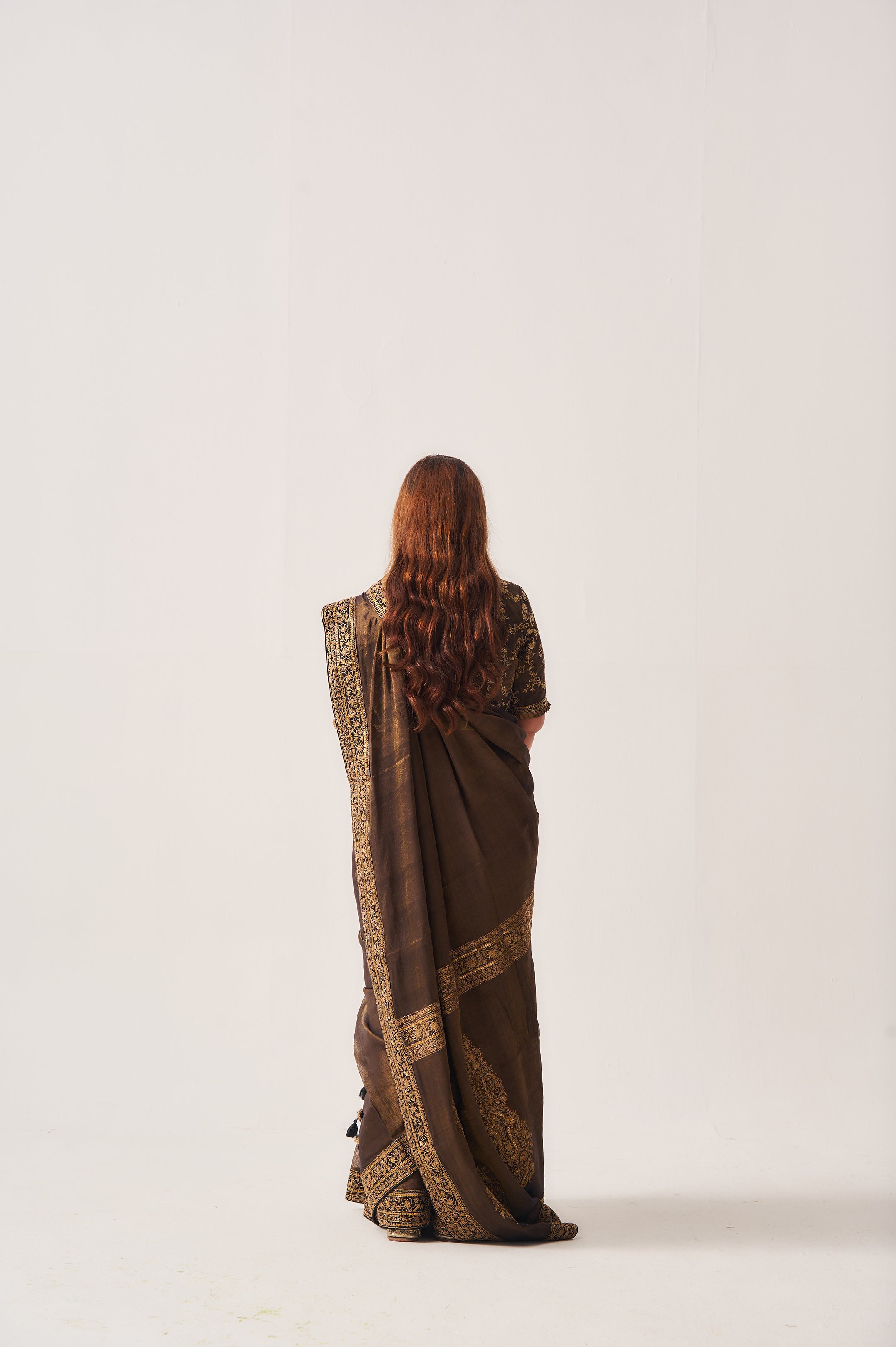 Saree with Stitched Blouse / Tissue Woven / Black / Ferdous / Dori/Hand Embroidery