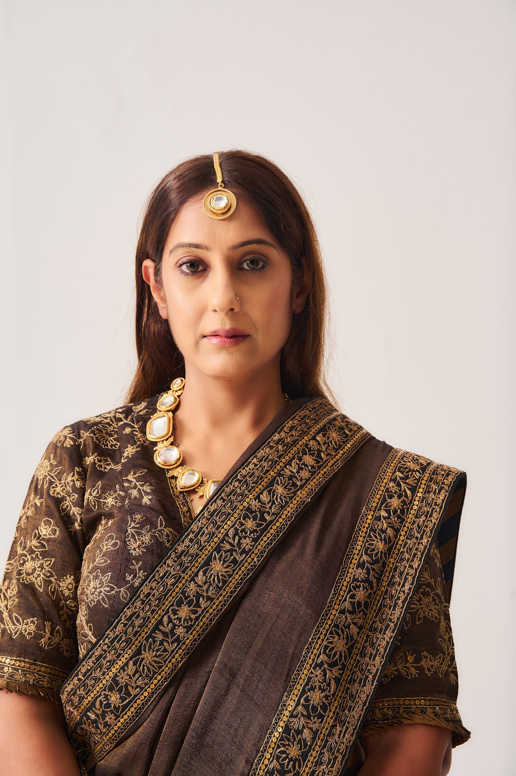 Saree with Stitched Blouse / Tissue Woven / Black / Ferdous / Dori/Hand Embroidery