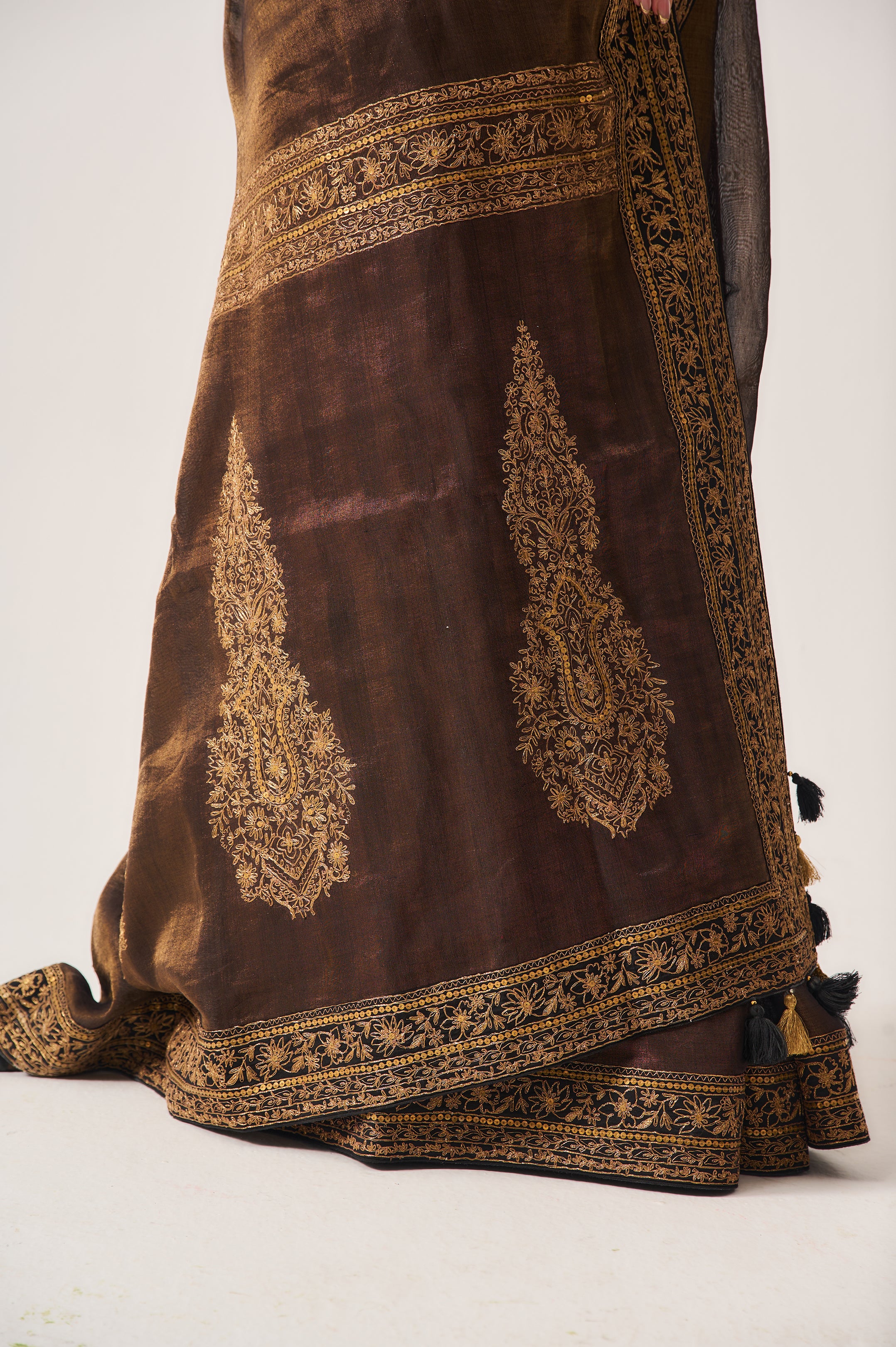 Saree with Stitched Blouse / Tissue Woven / Black / Ferdous / Dori/Hand Embroidery