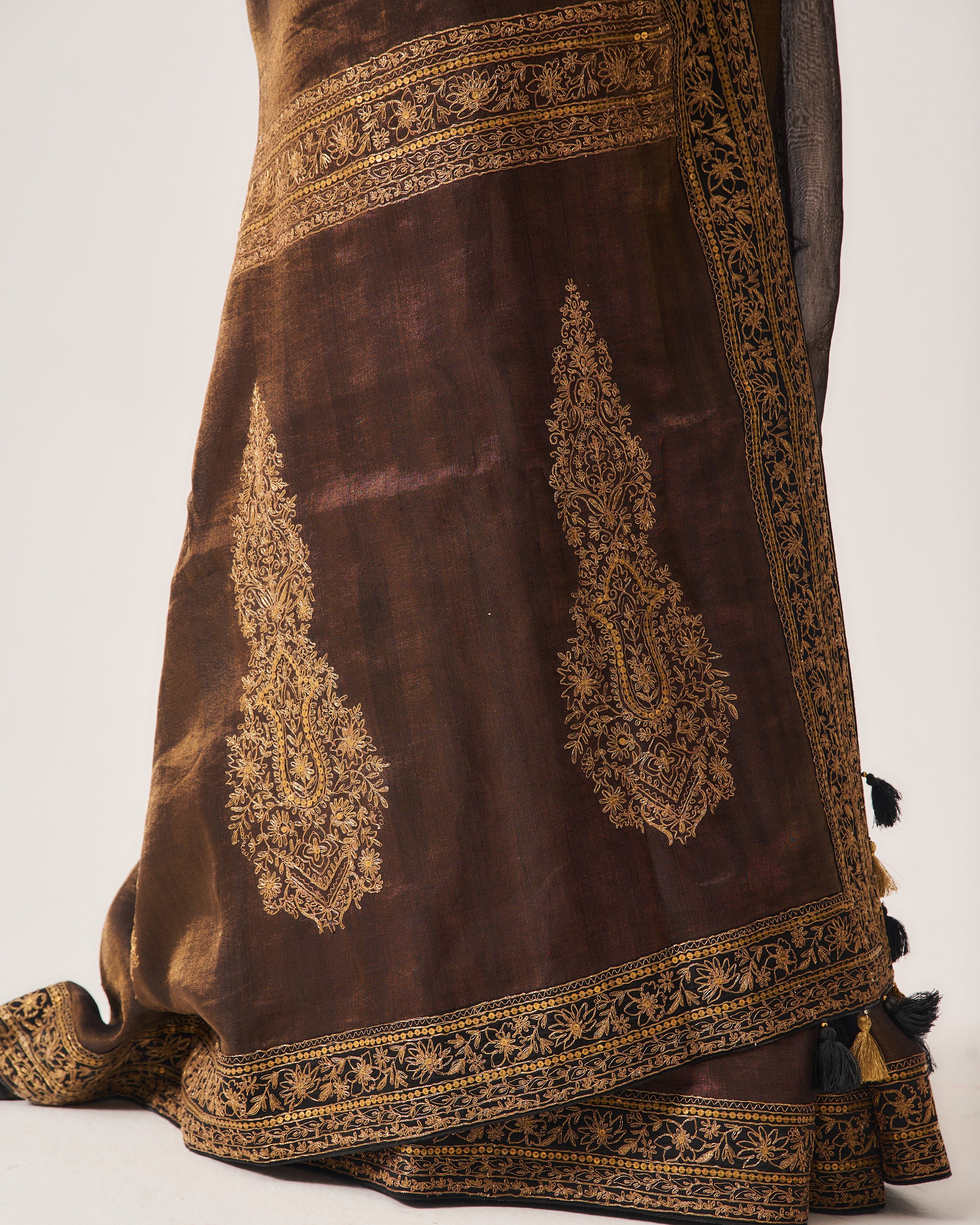 Saree with Stitched Blouse / Tissue Woven / Black / Ferdous / Dori/Hand Embroidery