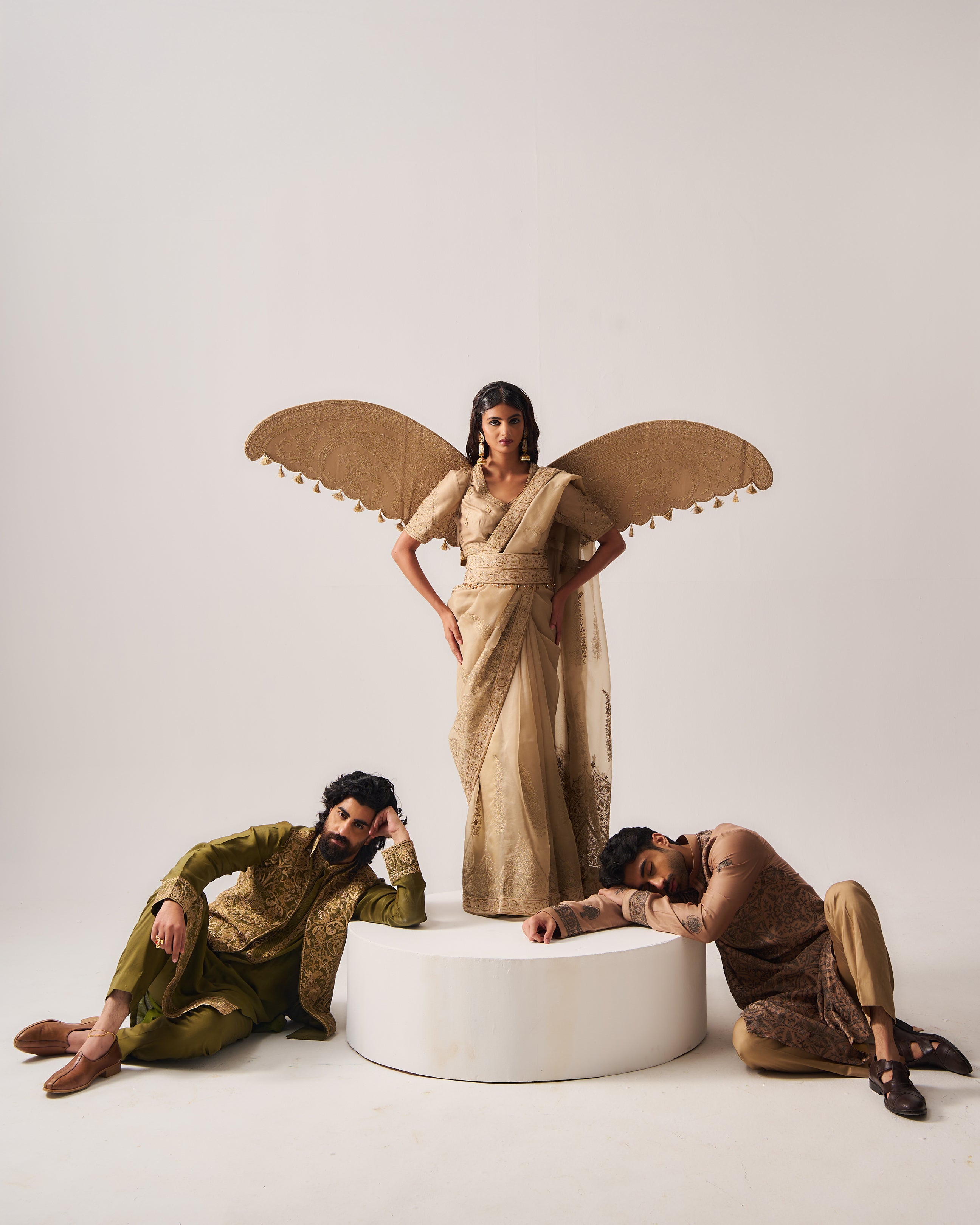 Kurta With Pants and Front Open Bundi / Chanderi / Dark Olive / Wild Crest / Resham/Hand Embroidery