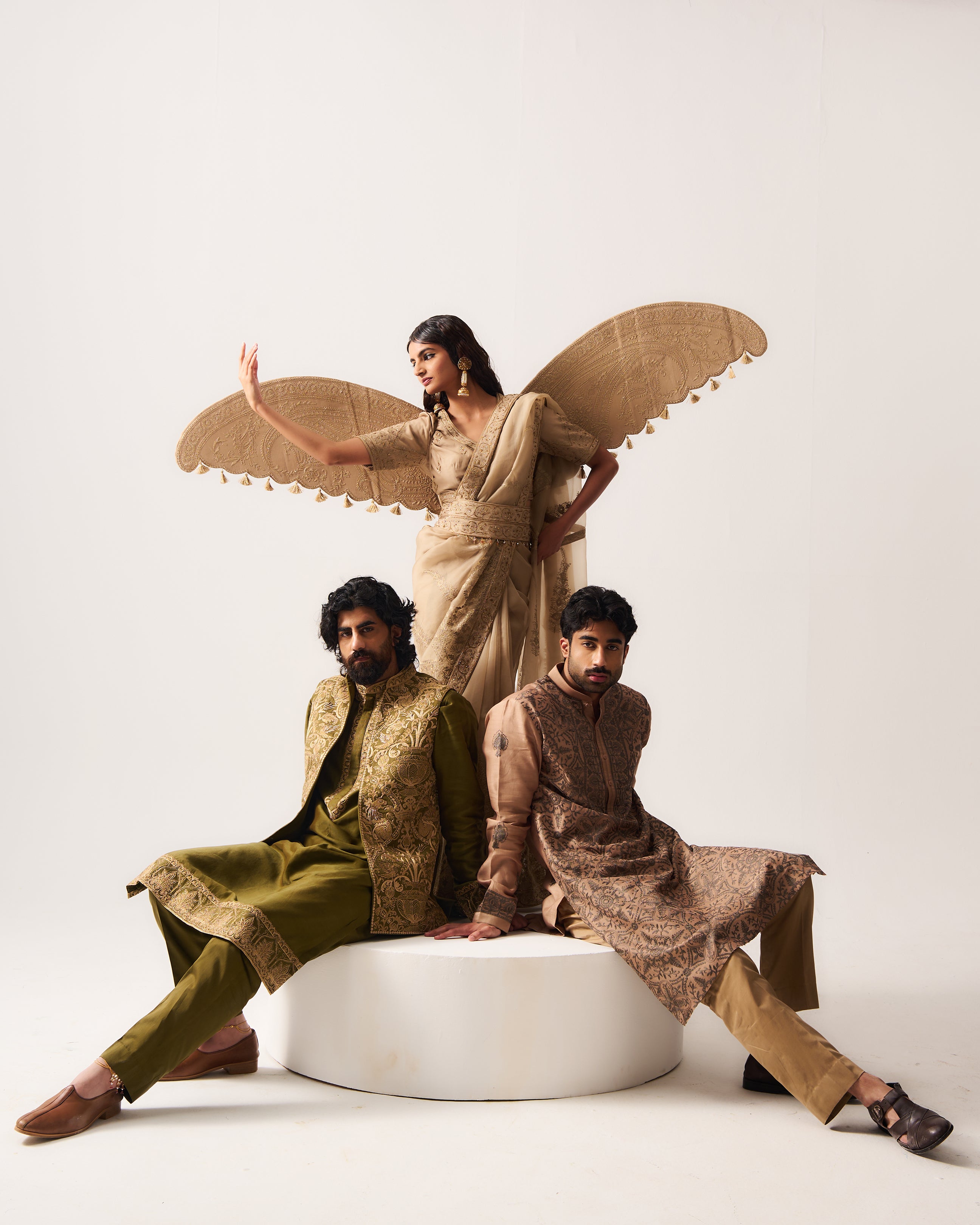 Kurta With Pants and Front Open Bundi / Chanderi / Dark Olive / Wild Crest / Resham/Hand Embroidery