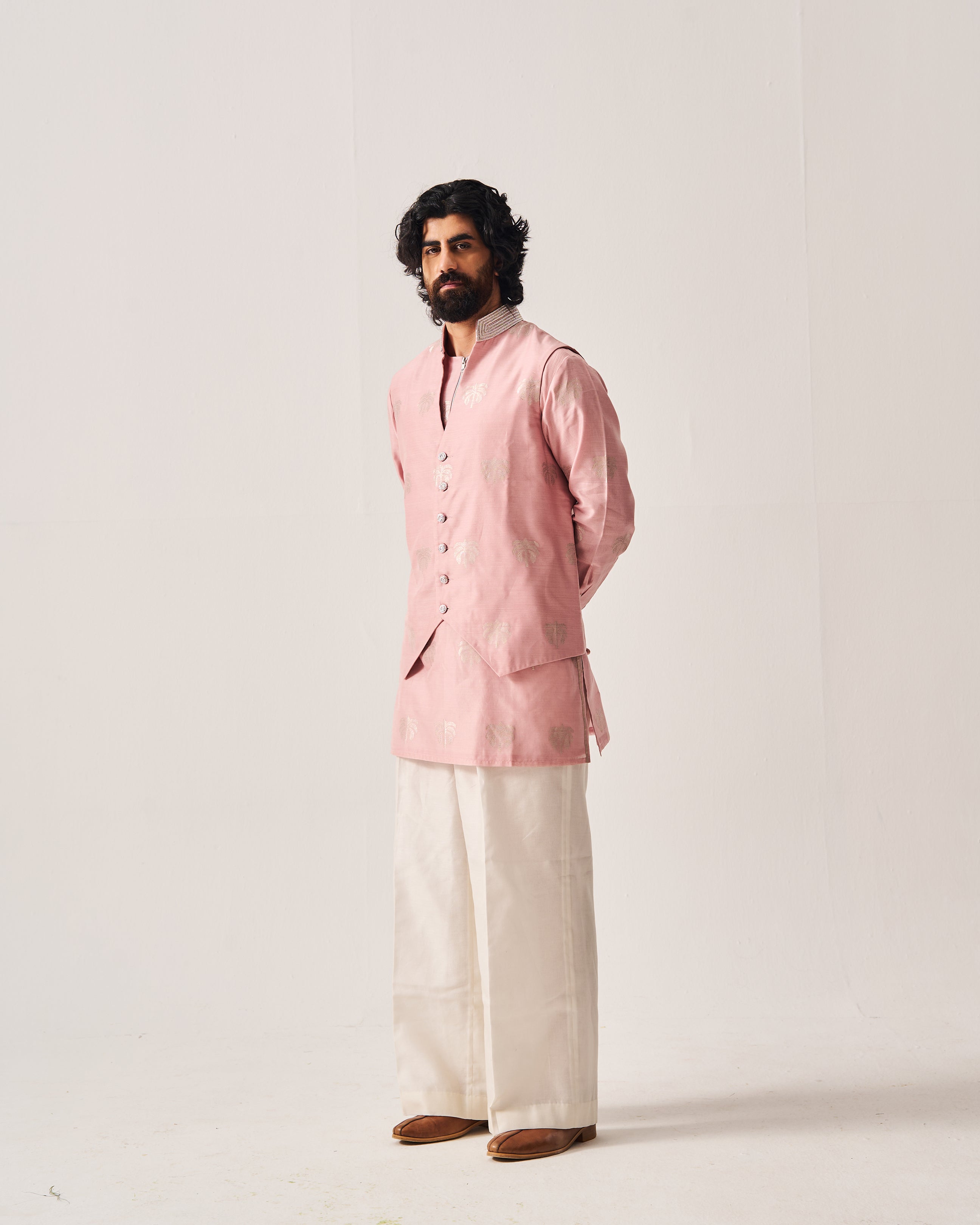 Kurta With Flare Pants and Bundi / Chanderi Woven / Pale Pink / Palm Reverie / Hand Embroidery