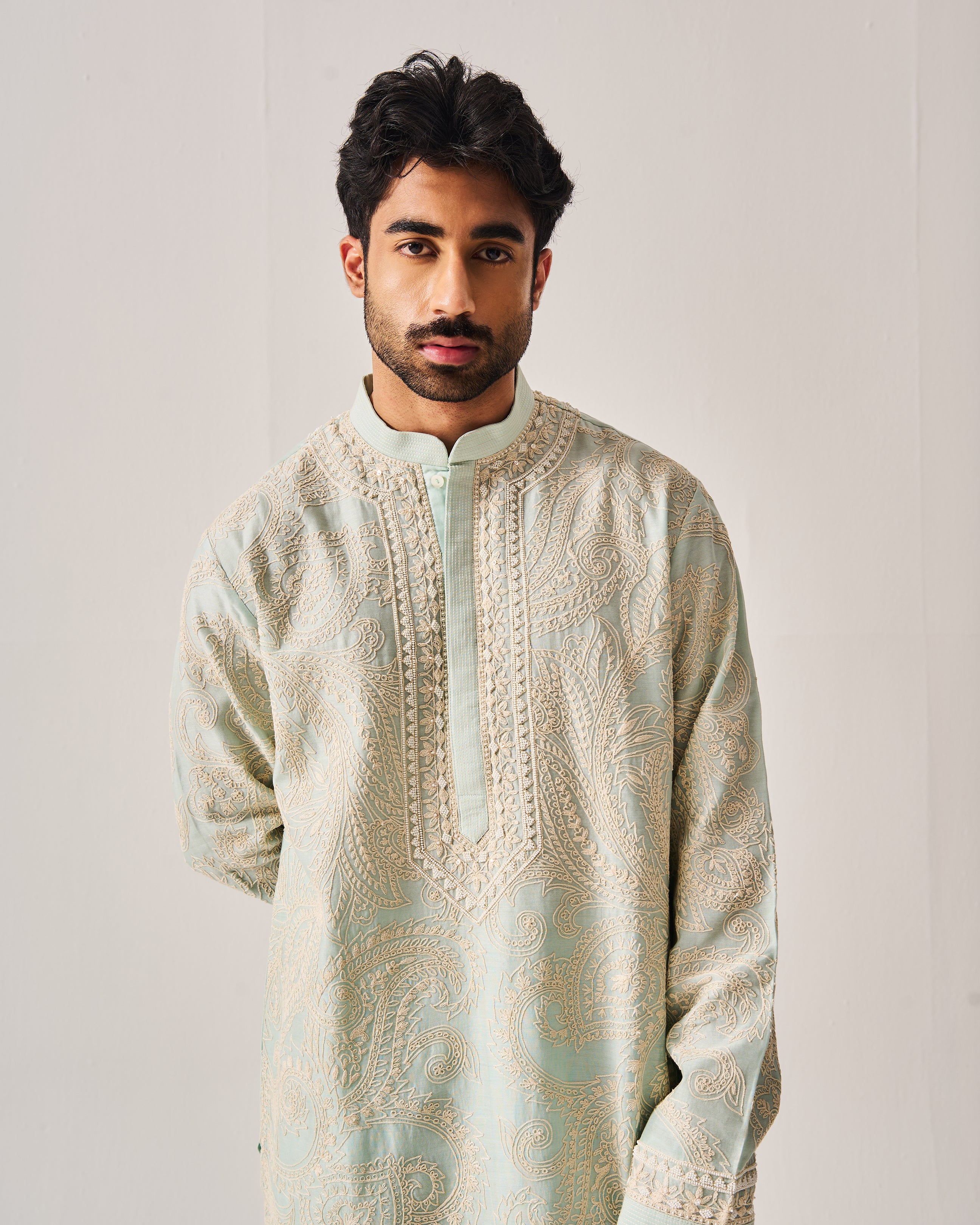 Kurta With Pants / Chanderi / Light Aqua / Paisley Bageecha / Dori/Hand Embroidery