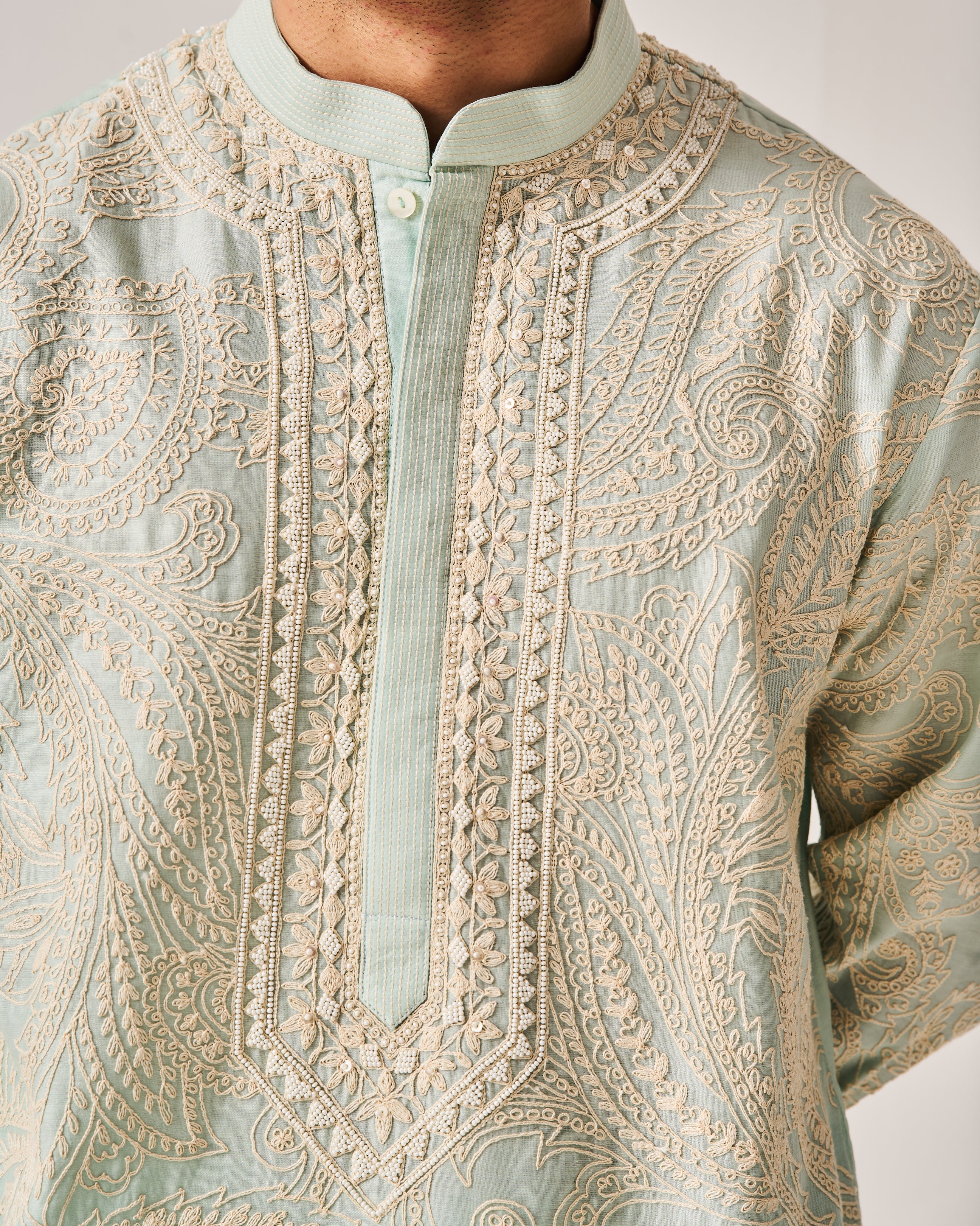 Kurta With Pants / Chanderi / Light Aqua / Paisley Bageecha / Dori/Hand Embroidery
