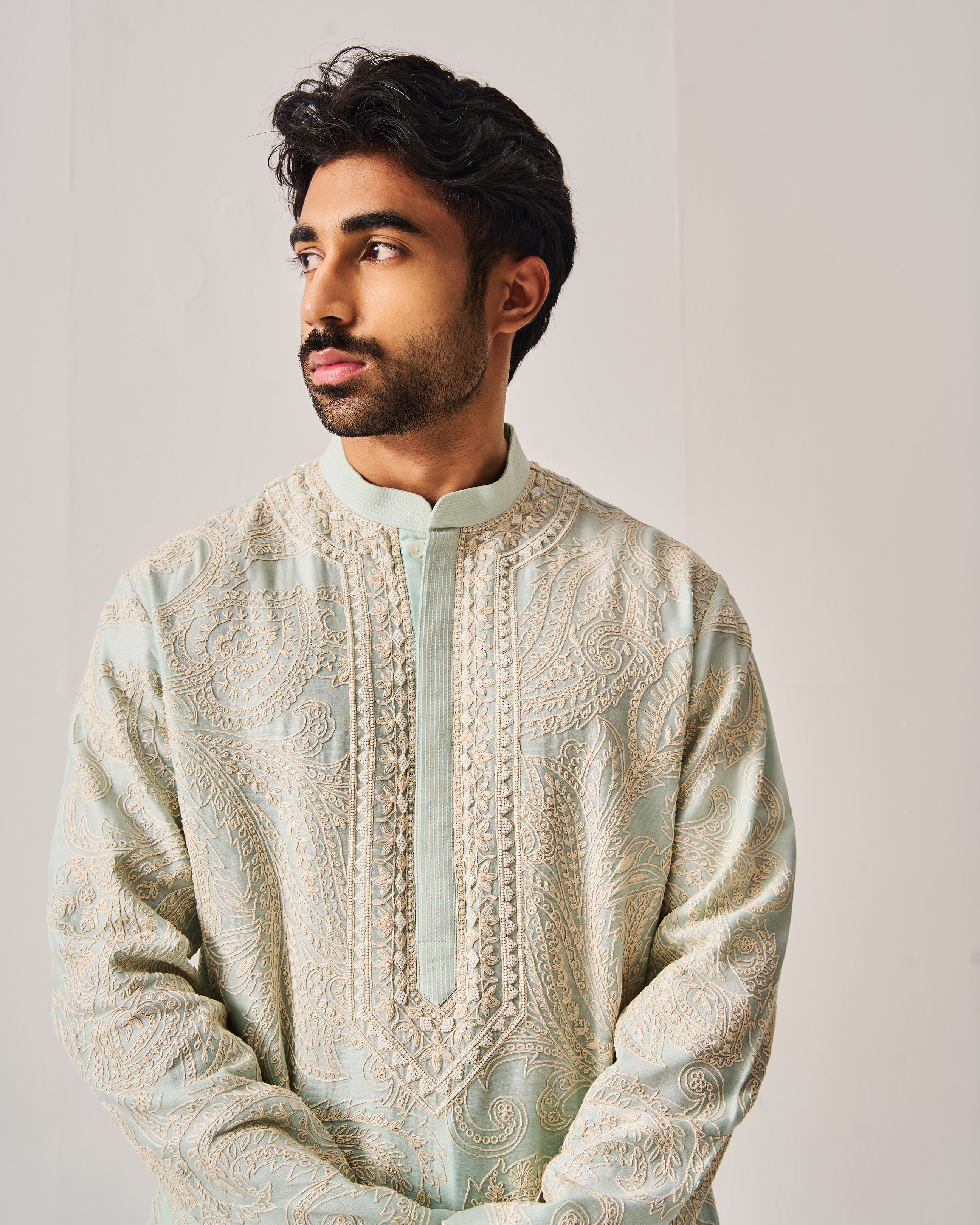 Kurta With Pants / Chanderi / Light Aqua / Paisley Bageecha / Dori/Hand Embroidery