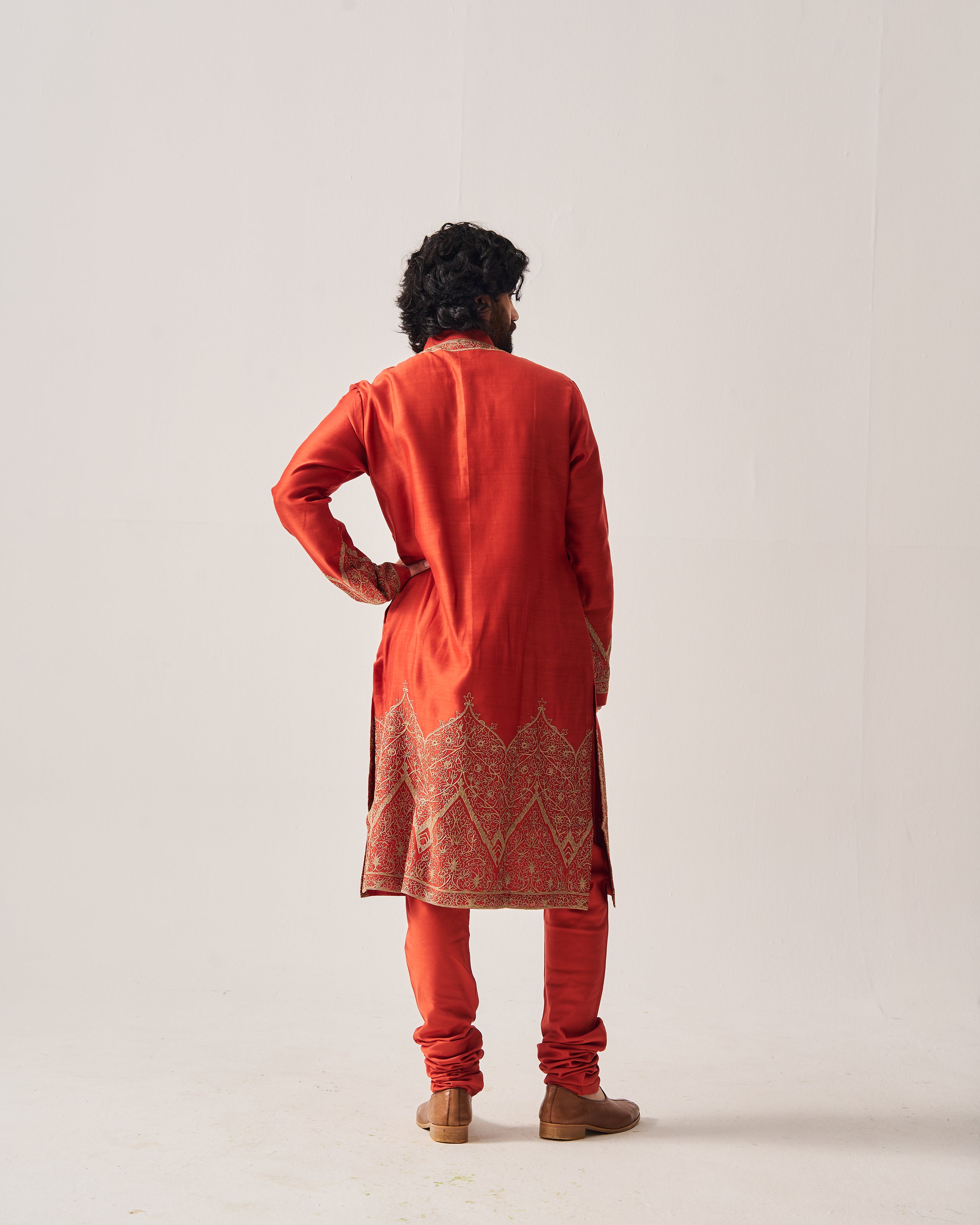 Kurta With Churidar Pants / Chanderi / Rust / Floral Dome / Dori Embroidery